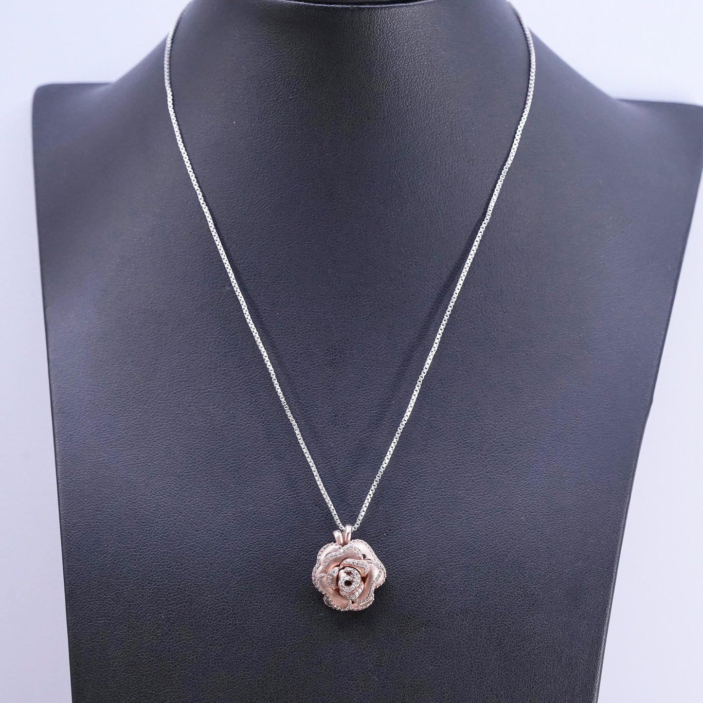 16”, Sterling 925 silver necklace, 925 box chain vermeil gold flower pendant