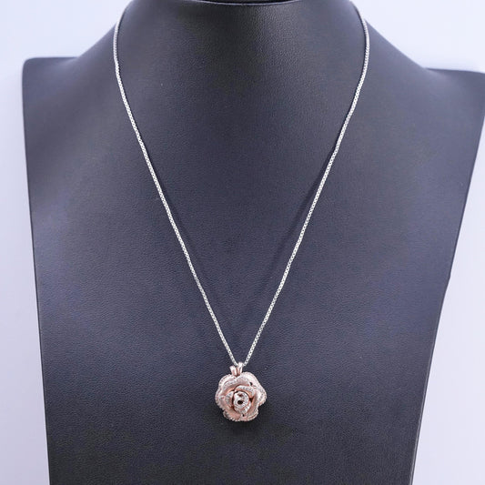 16”, Sterling 925 silver necklace, 925 box chain vermeil gold flower pendant