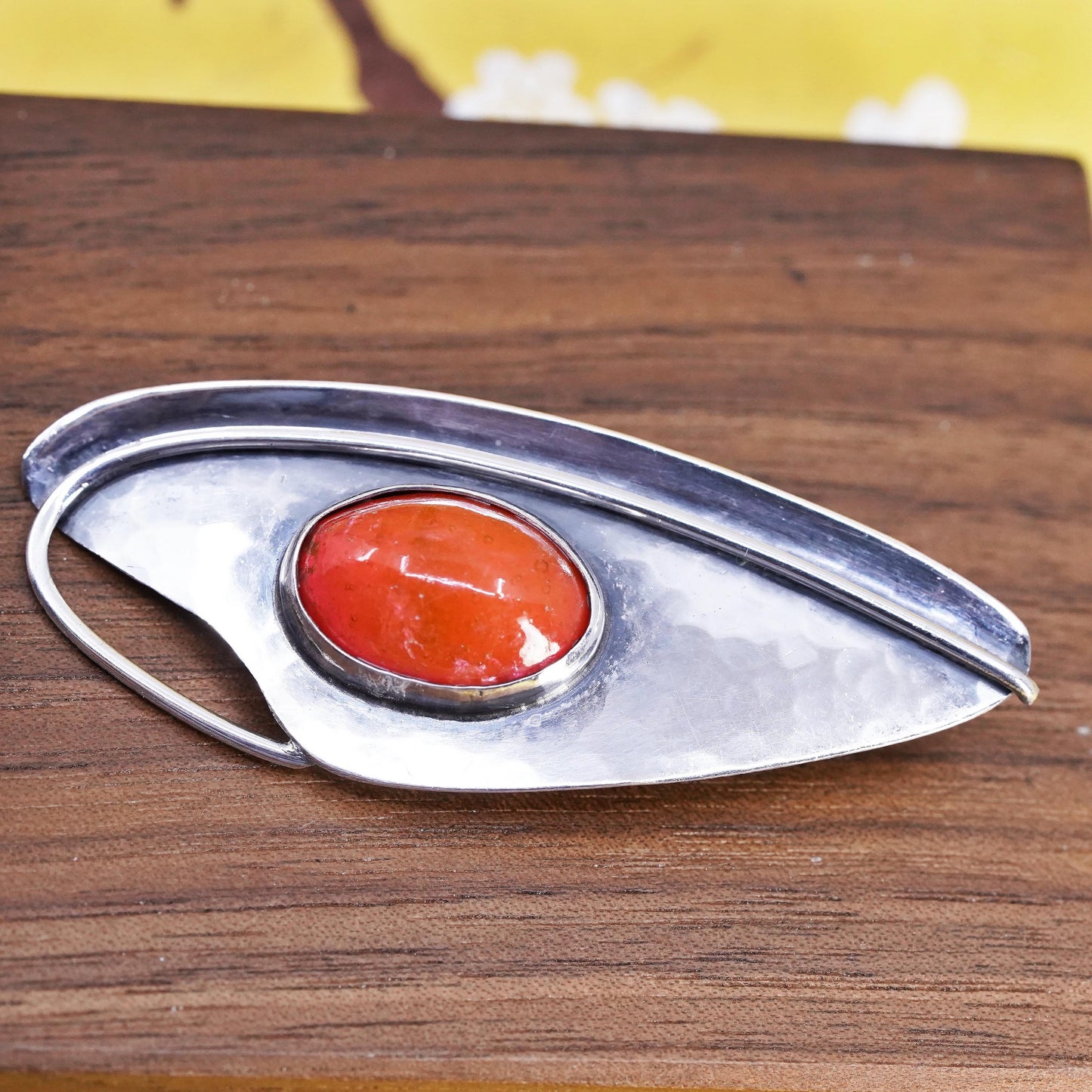 Modernist Sterling Silver 925 Red dragon breath Brooch, Abstract Leaf Pendant