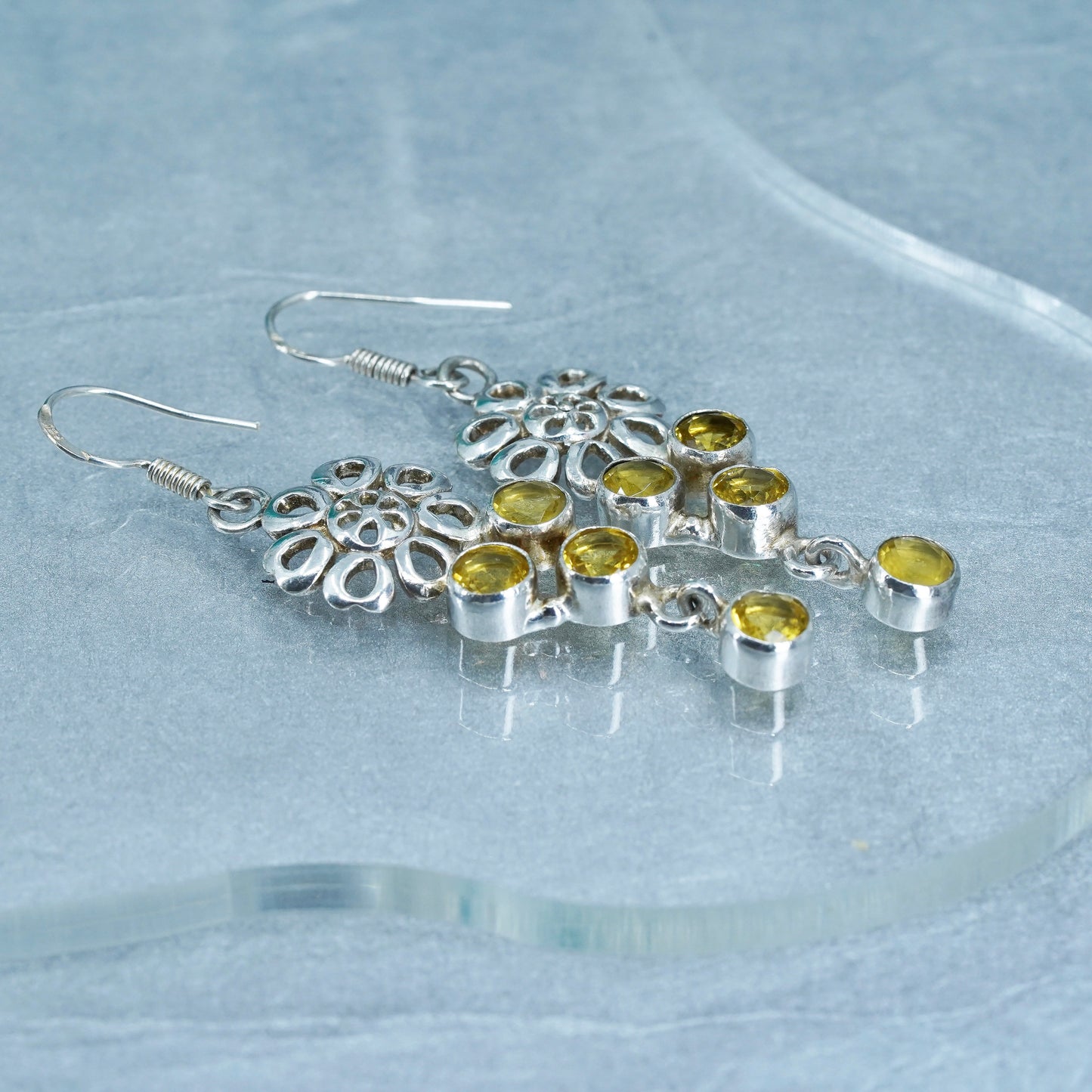 Vintage Sterling 925 silver handmade flower earrings with citrine