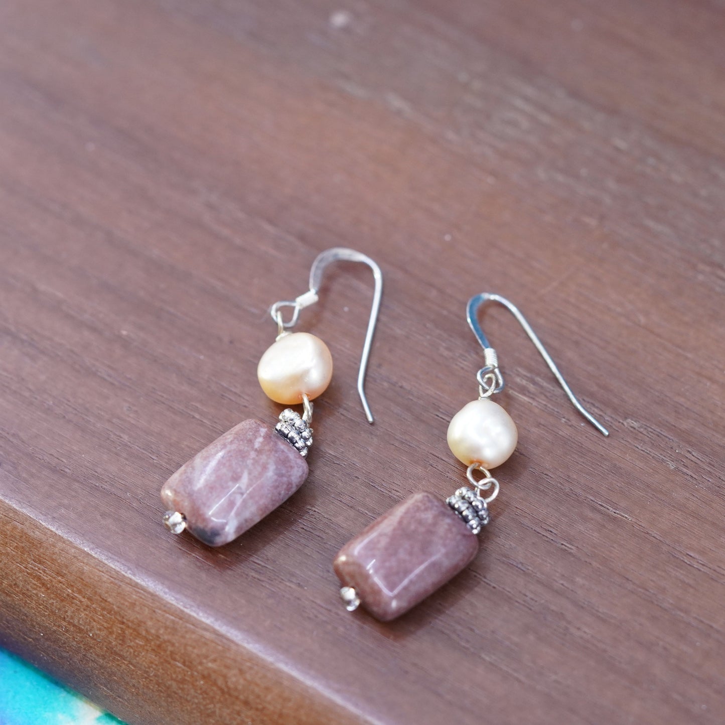 Vintage Sterling 925 silver handmade earrings with pearl and jasper