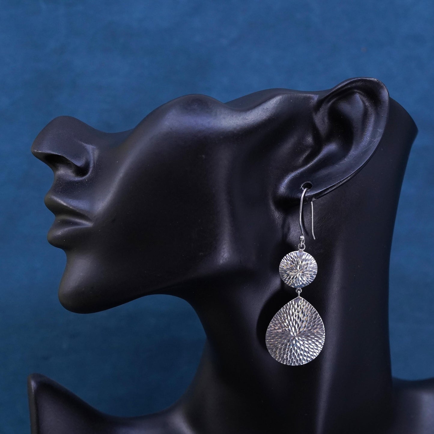 Vintage sterling silver handmade earrings, textured 925 teardrop drops
