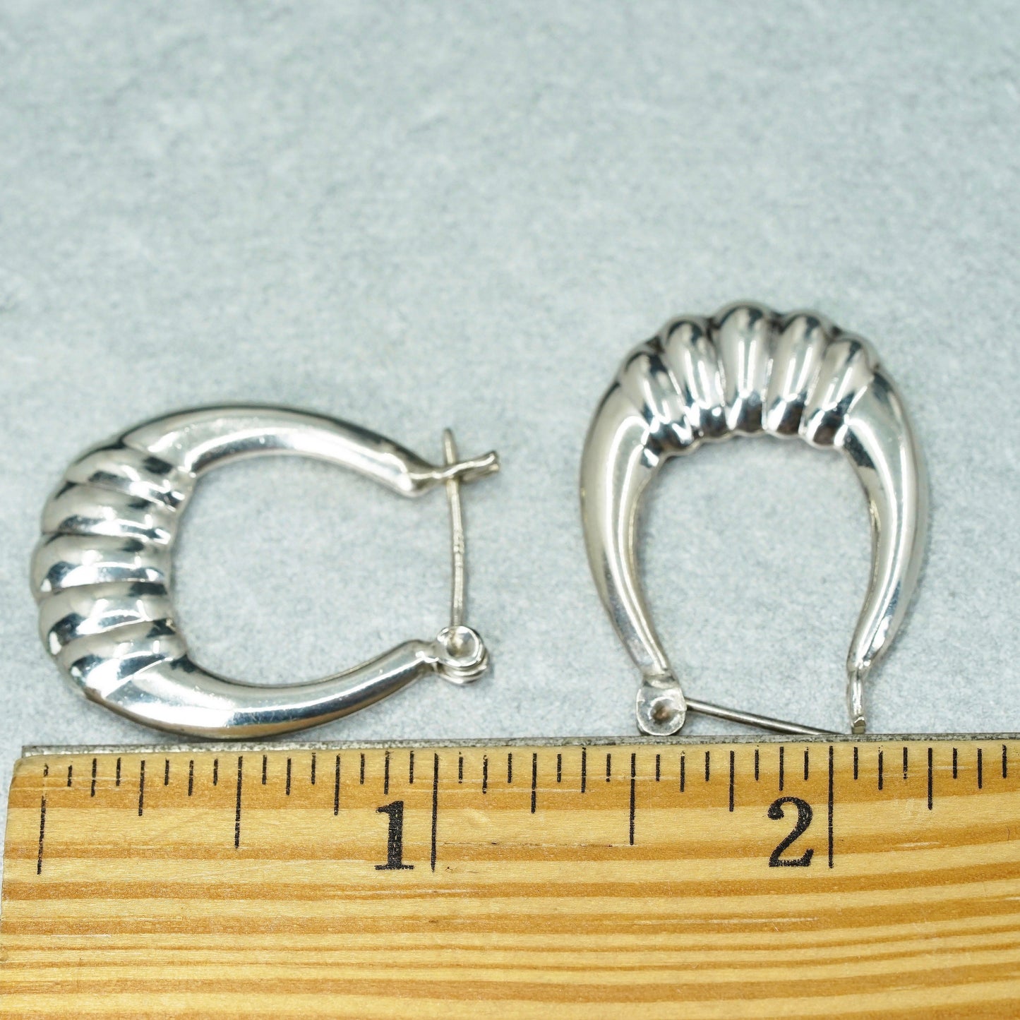 1.25”, vintage Sterling silver handmade earrings, oval 925 ribbed hoops