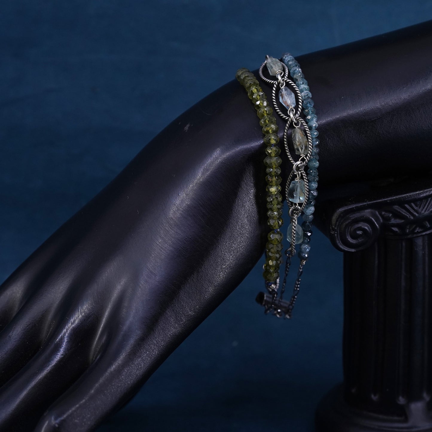 7.25", Sterling silver handmade multi strands bracelet with green peridot beads