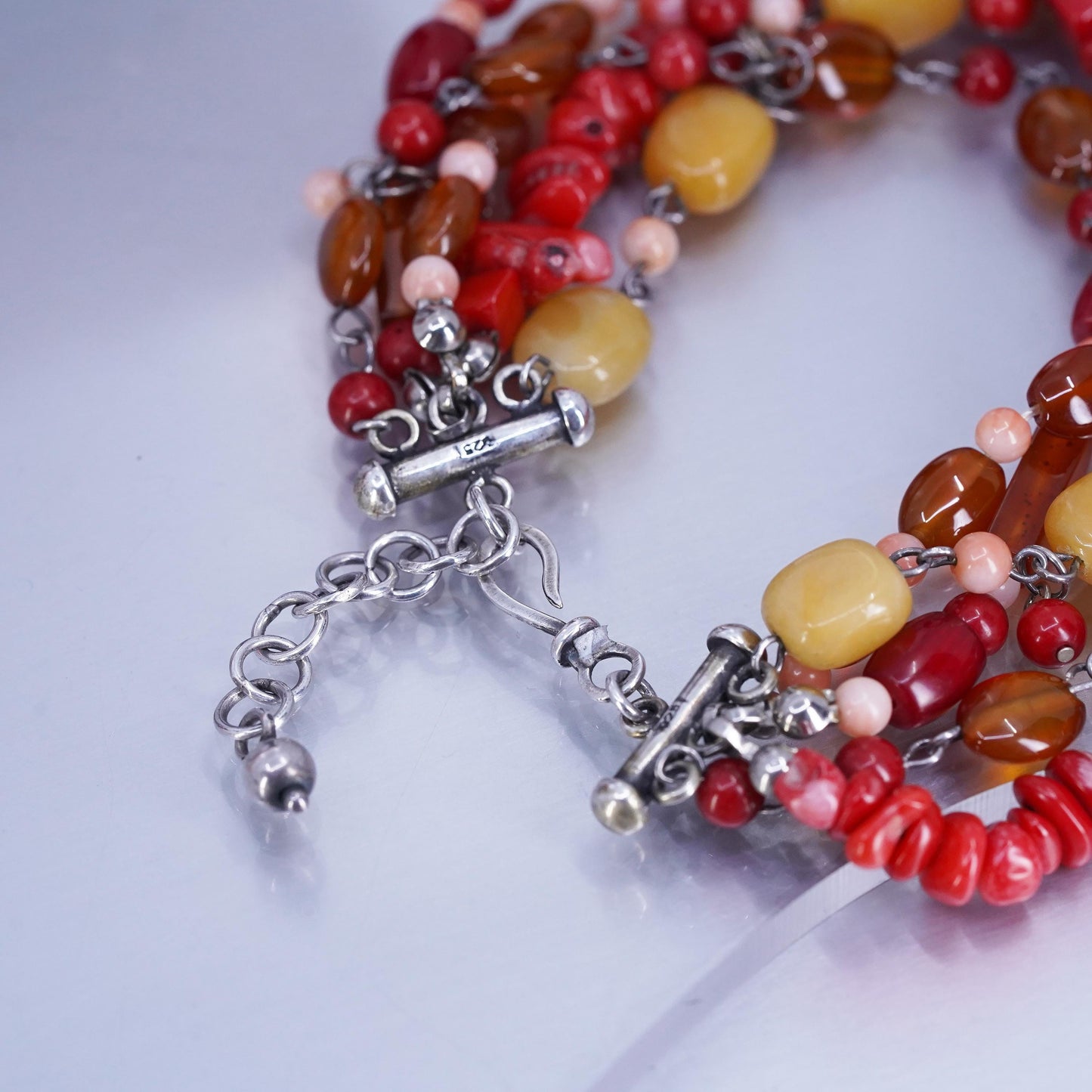 8+1”, Sterling 925 silver multi strands beaded bracelet agate coral carnelian