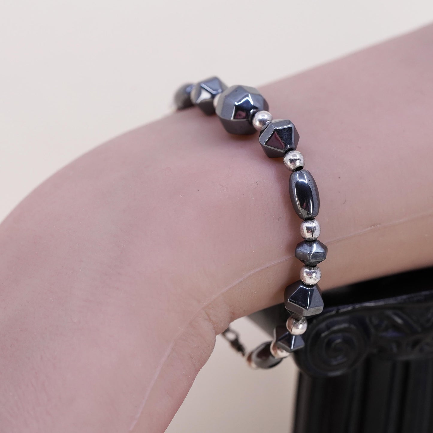 6.25”, Vintage handmade bracelet, hematite cubes with 925 silver beads chain