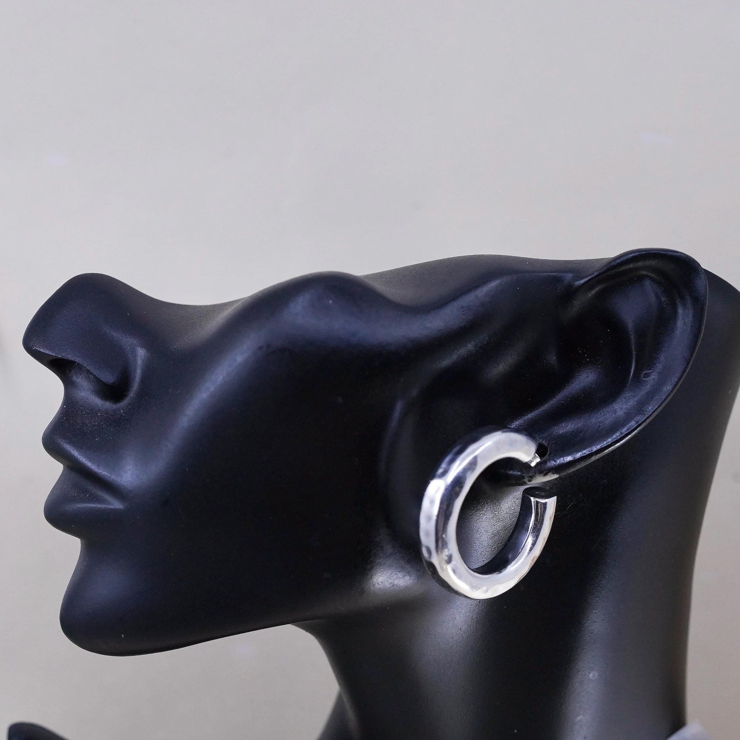 1.25” Vintage sterling 925 silver earrings, hammered textured bold hoops studs