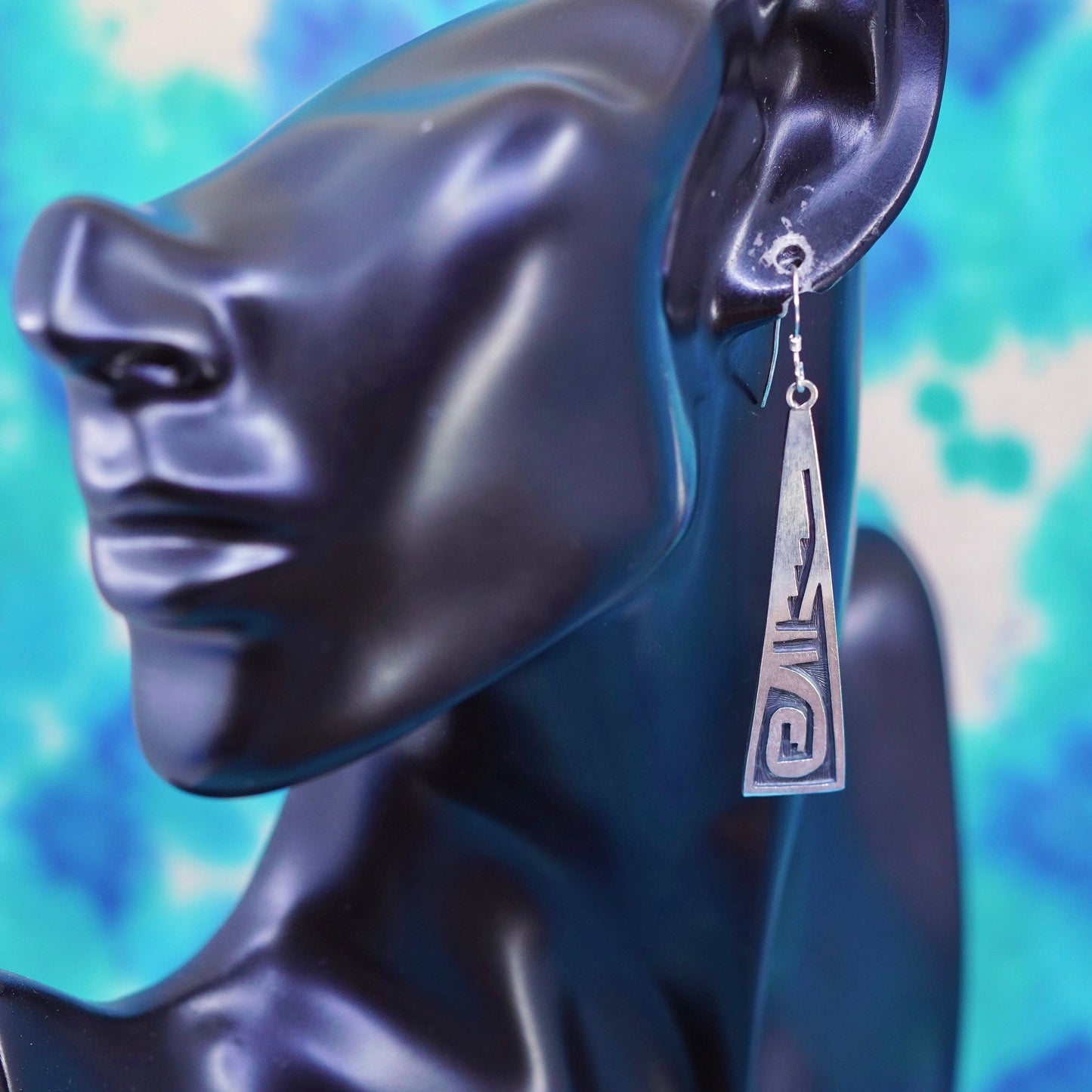 Native American designer sterling 925 silver handmade patterned long earrings