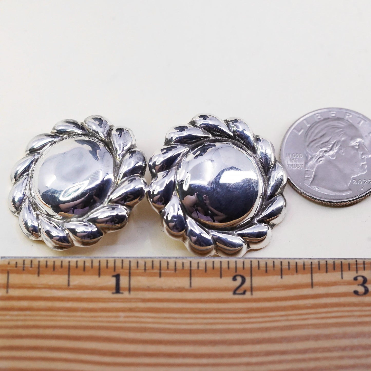 vintage Modern handmade Sterling clip on, 925 round puffy floral earrings