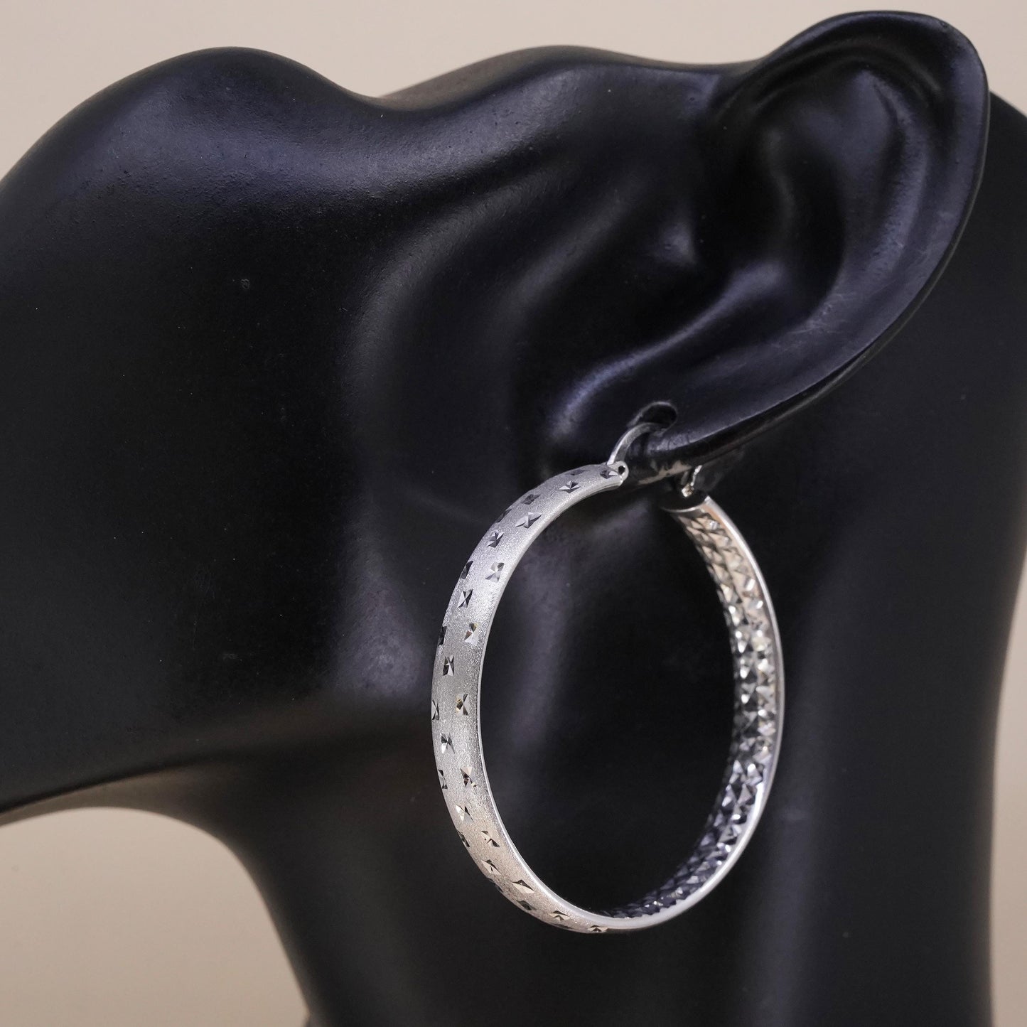 1.75", Vintage sterling silver loop single earring, flatten wide textured hoop