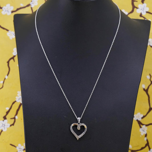 18”, Vintage sterling silver circle necklace 925 genuine diamonds heart pendant