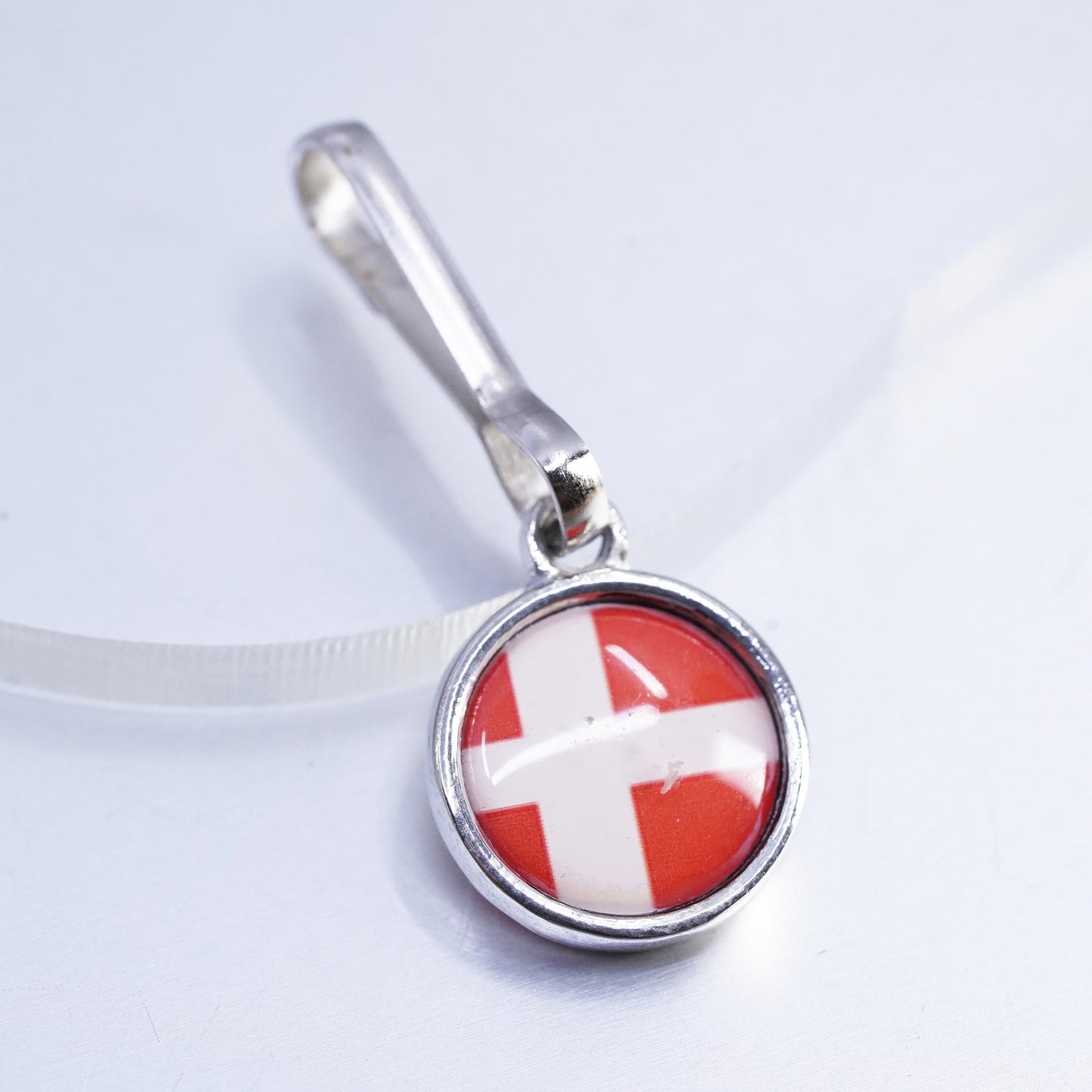 Denmark Flag silver tone Charm, Red Enamel Danish Flag Pendant, Scandinavian