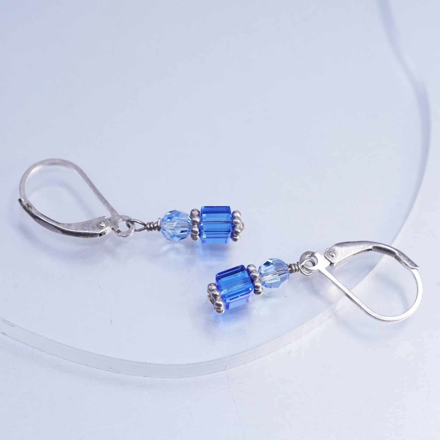 Vintage Sterling 925 silver earrings with blue crystal cube