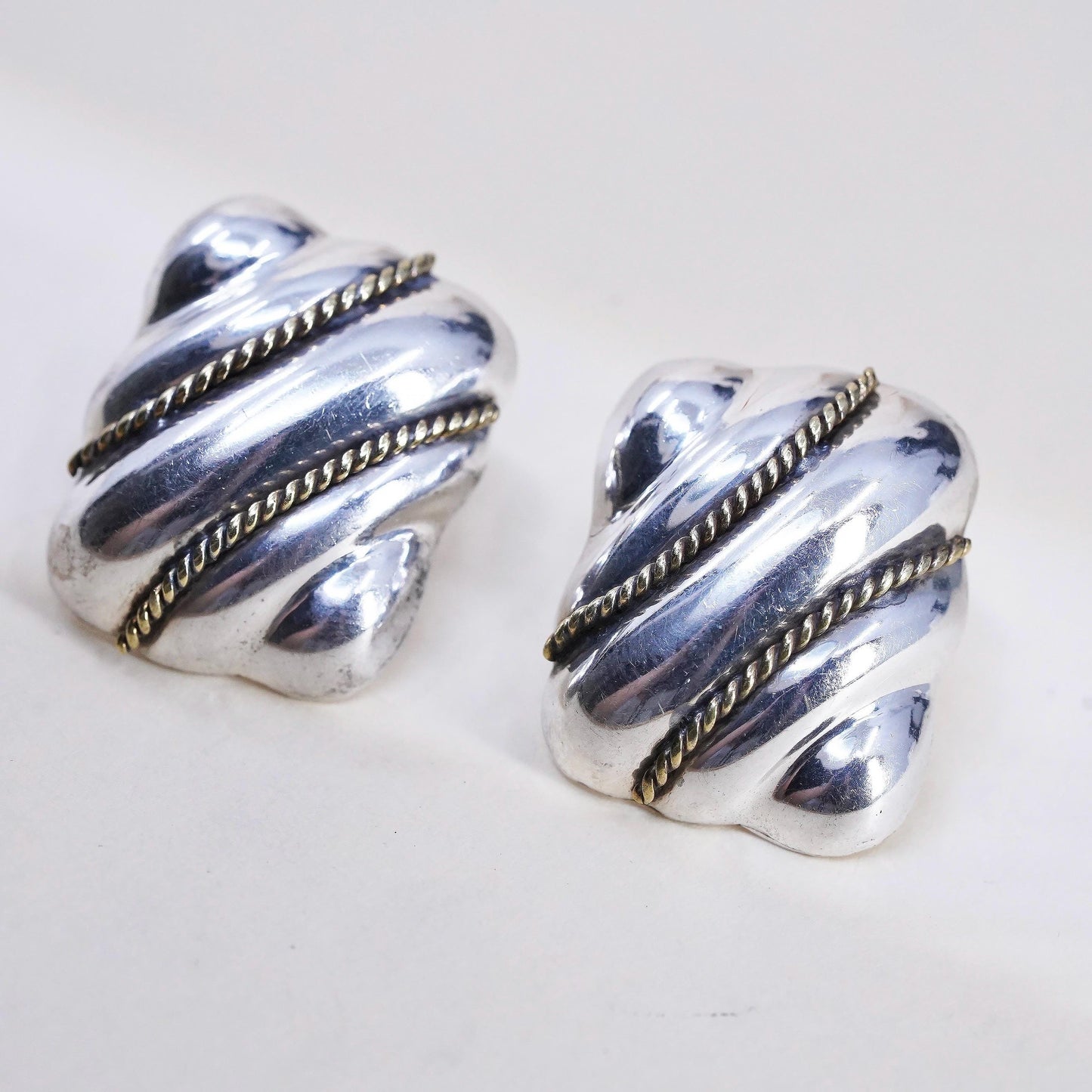 Vintage two tone Sterling silver earrings, Mexican 925 silver huge dome studs