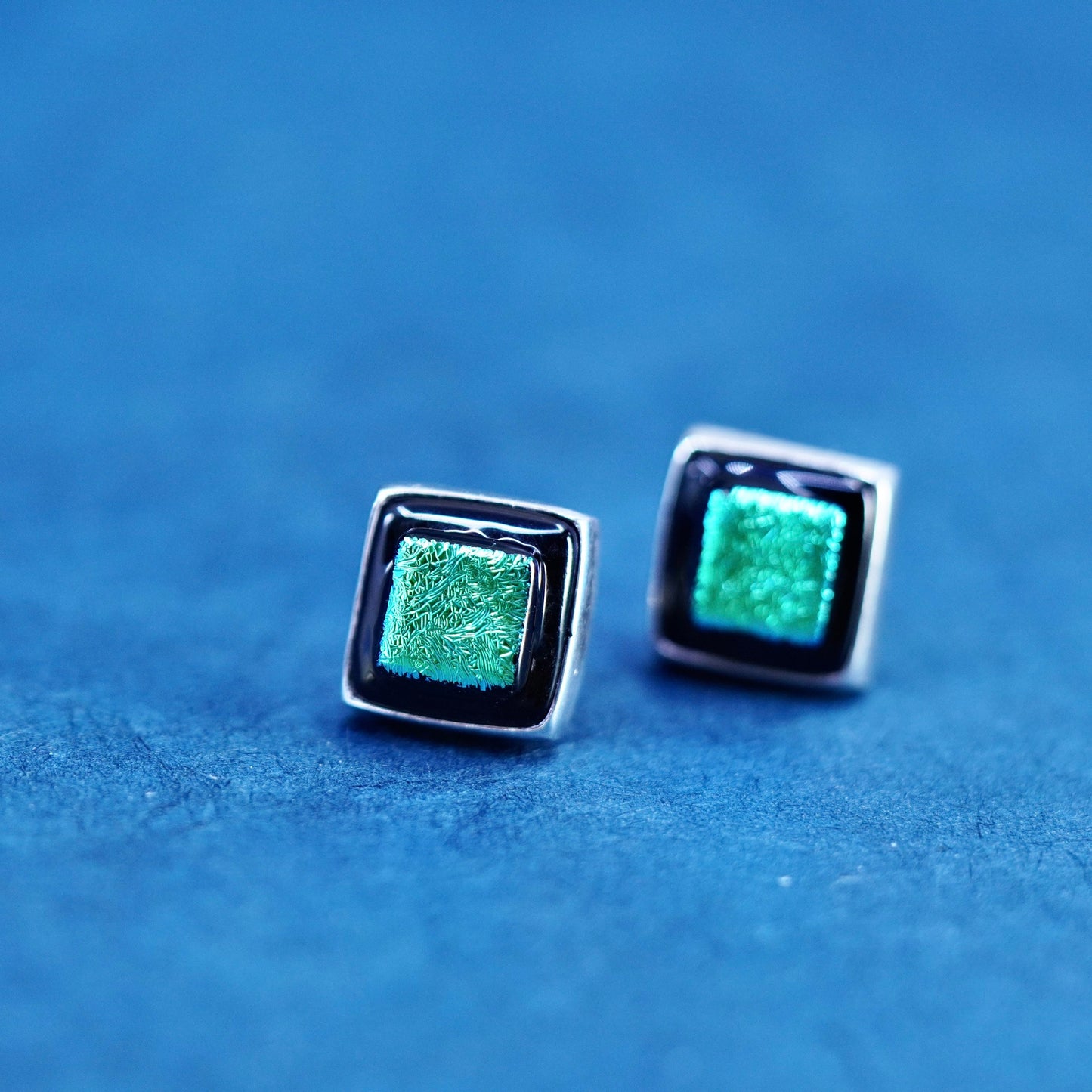 sterling silver handmade earrings, 925 square studs with foiled glass inlay