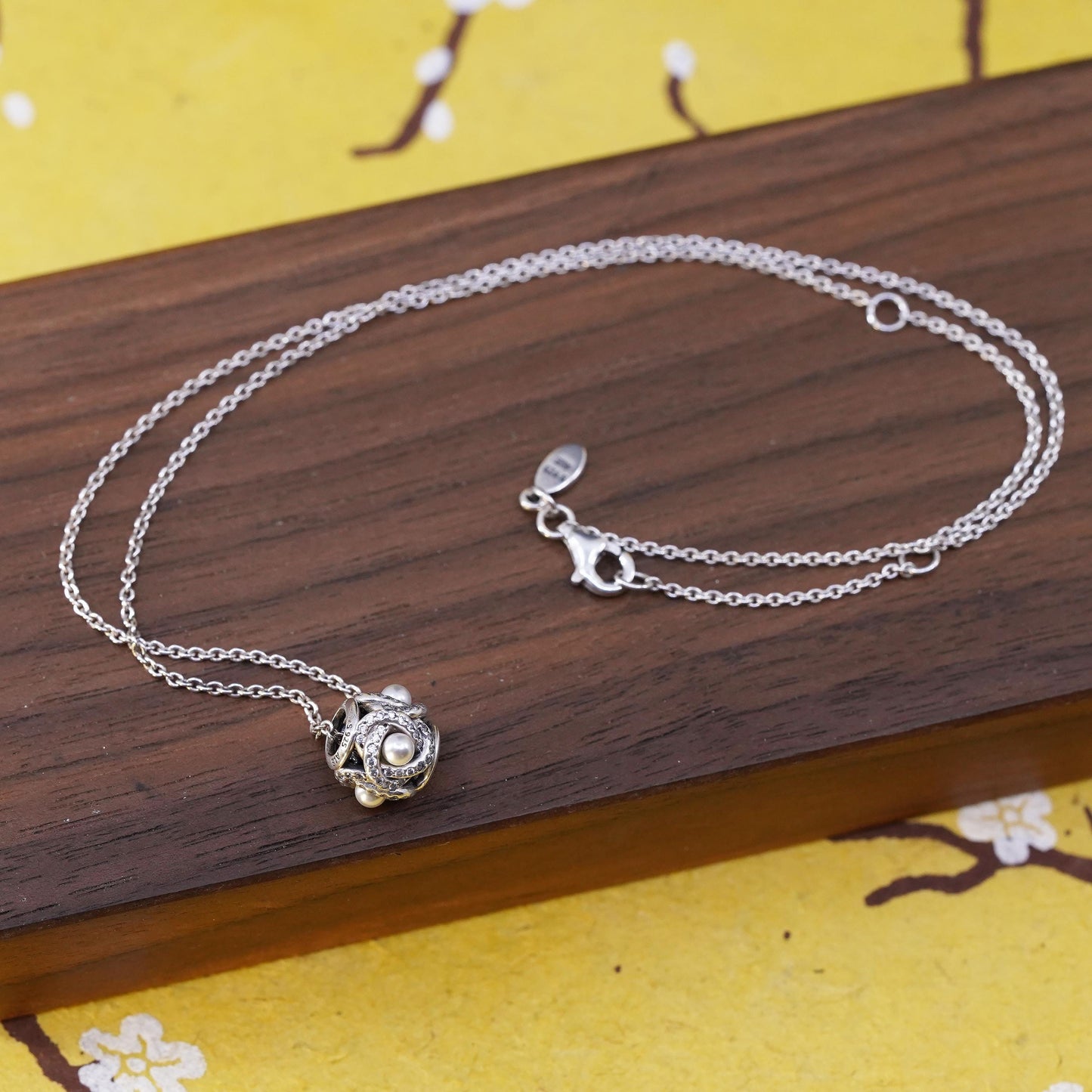 16+2”, ALE Pandora Sterling 925 silver necklace, circle pearl charm pendant