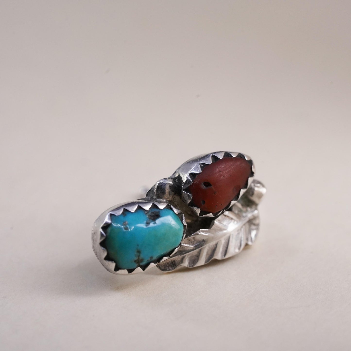 Native American Navajo single earring. Sterling 925 silver teardrop stud coral