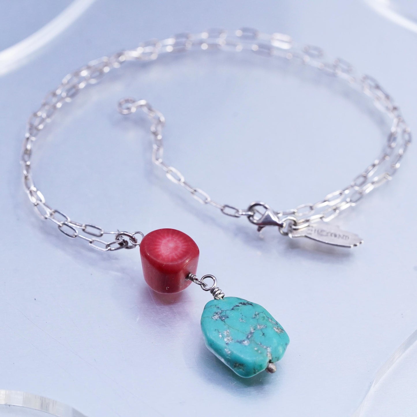 16+2", Sterling 925 silver elongated necklace turquoise coral beads pendant