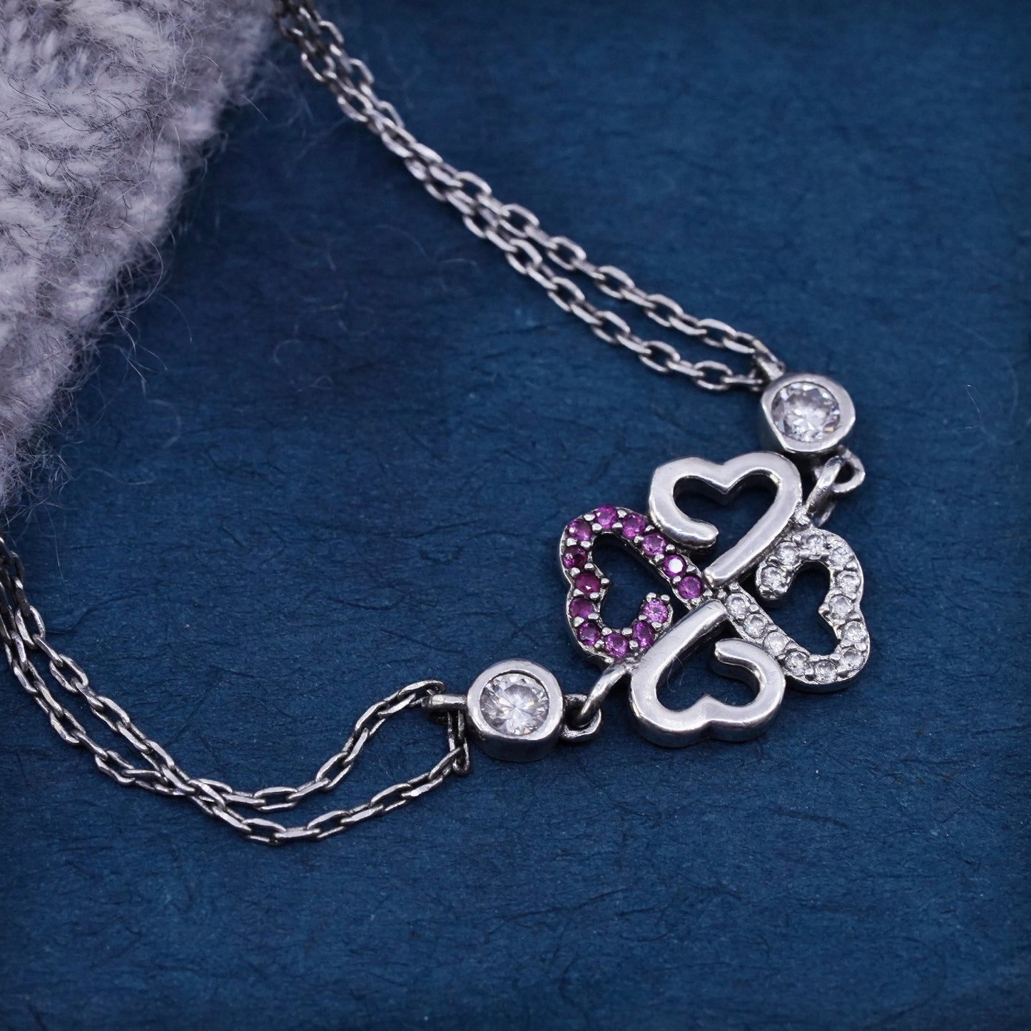 6.5+1", Sterling silver bracelet, multi strands 925 chain clover charm ruby