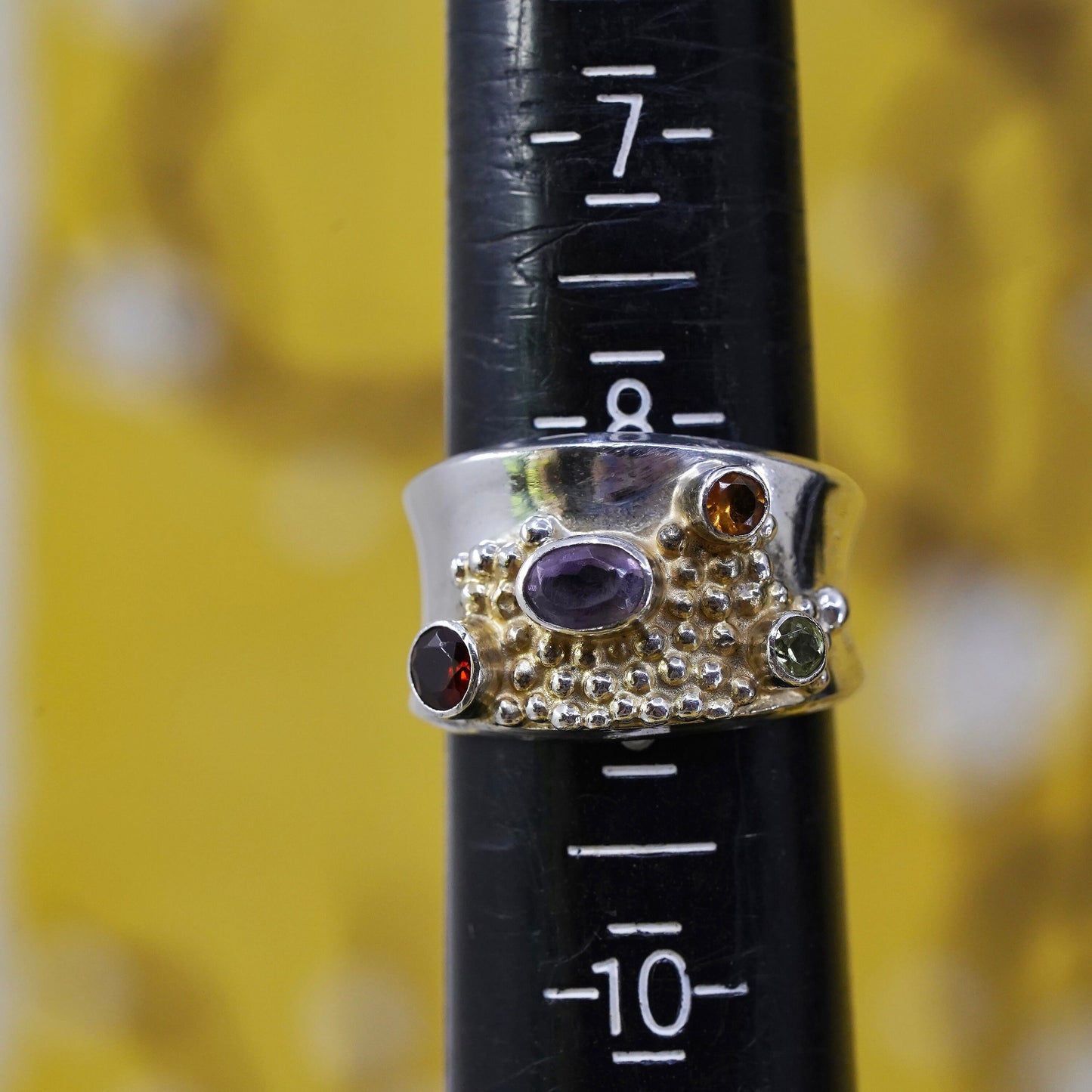 Size 8.25, Sterling 925 silver ring with ruby, peridot, amethyst and citrine