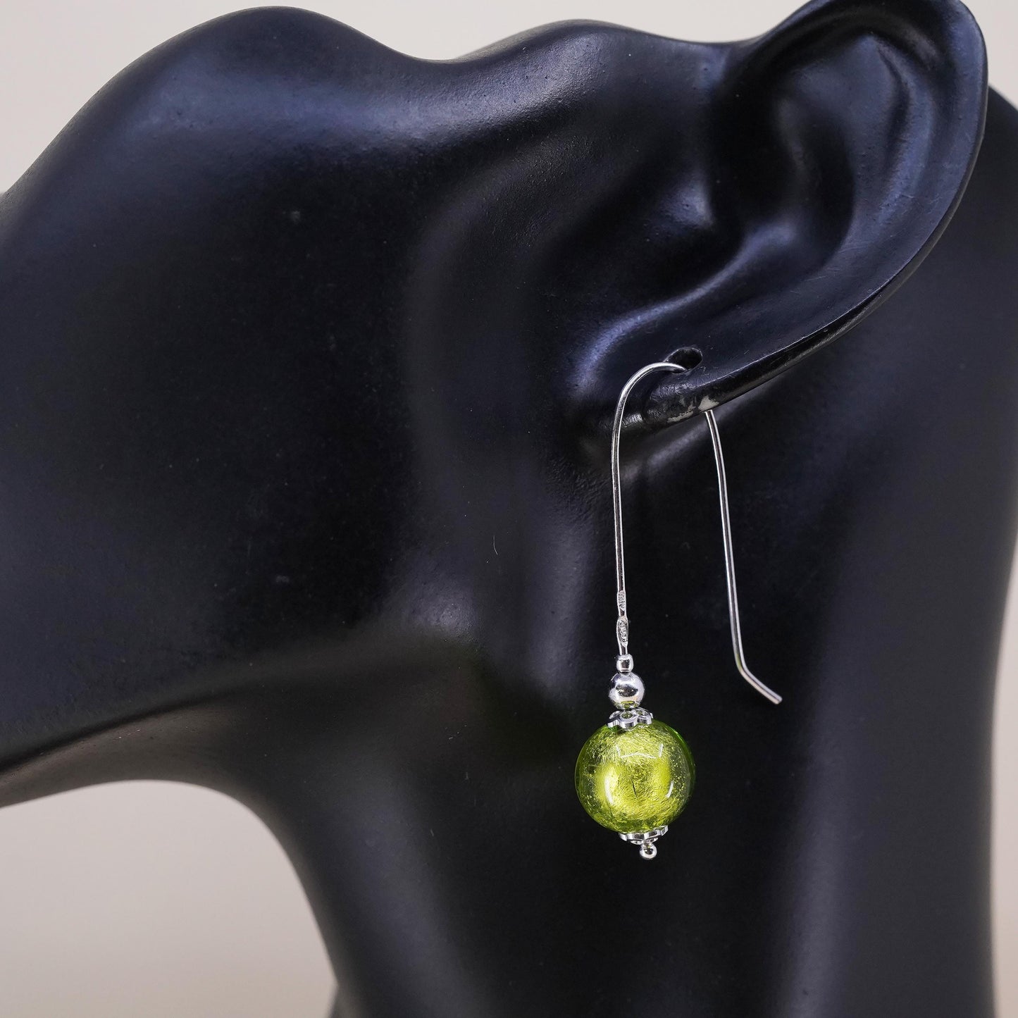Vintage sterling 925 silver handmade single earring with green glass bead