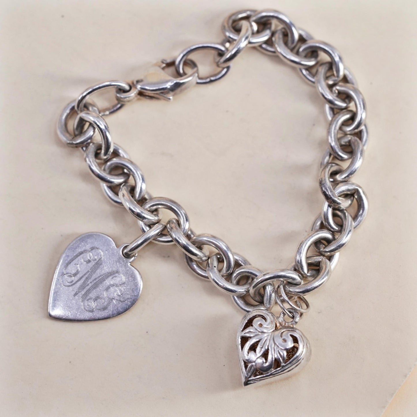 5.25", Vintage sterling silver bracelet, 925 filigree heart charm monogram CGM