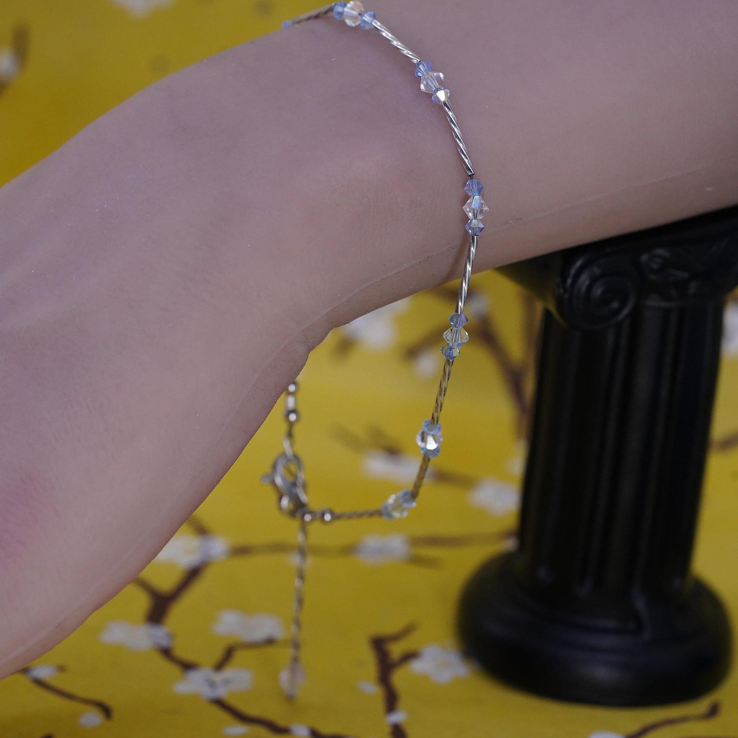 9+1.5", Sterling silver twisted tube anklet, 925 bracelet blue crystal beads
