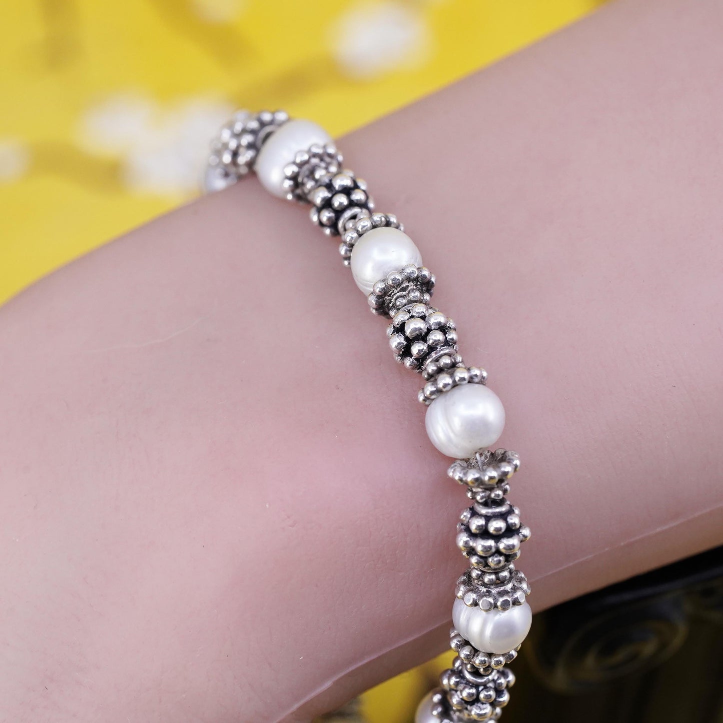 7.5", Vintage Sterling silver handmade bracelet, 925 beaded chain with pearl