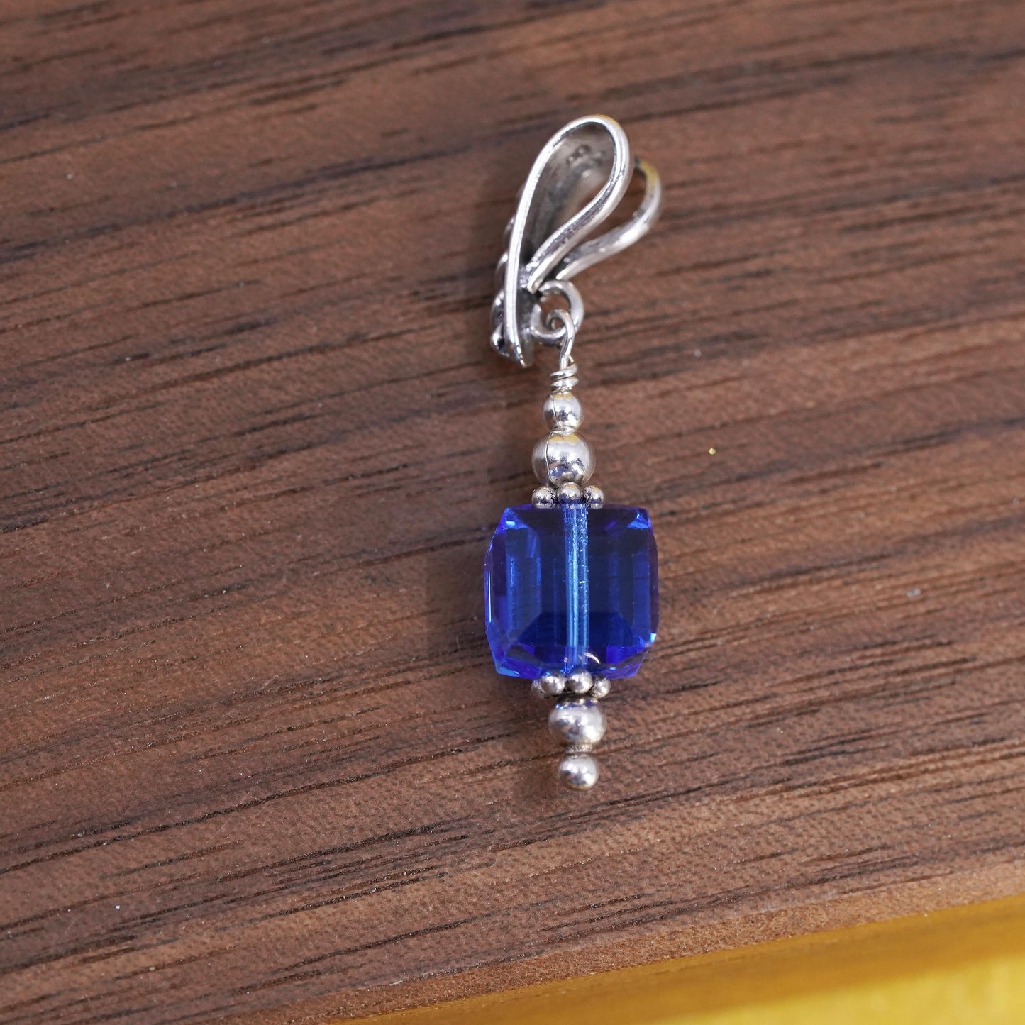 Vintage Sterling silver handmade pendant, 925 silver with blue crystal cube