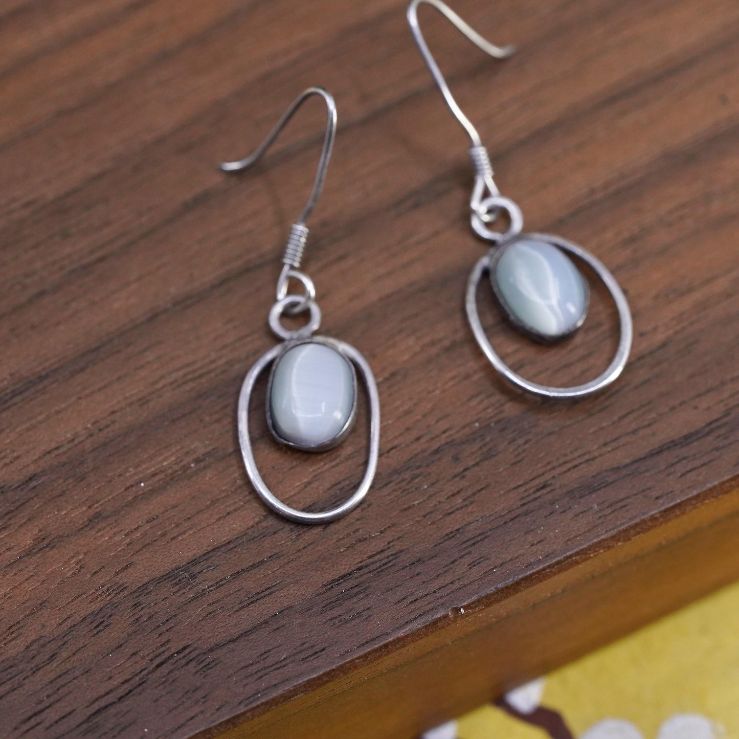 Vintage Sterling 925 silver handmade earrings with white cat's eye drops