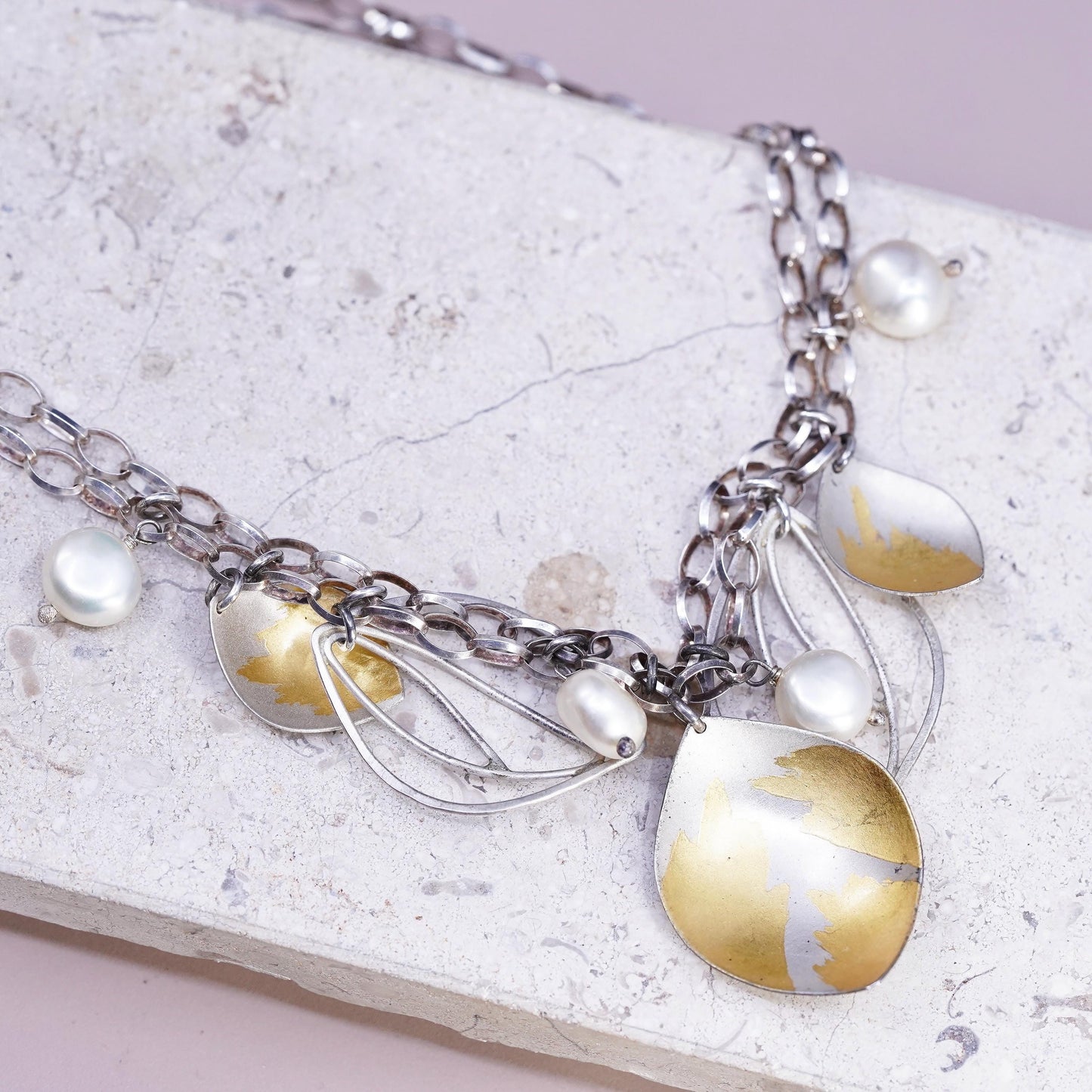 Sterling silver necklace, double strands 925 oval chain leaves pendant pearl