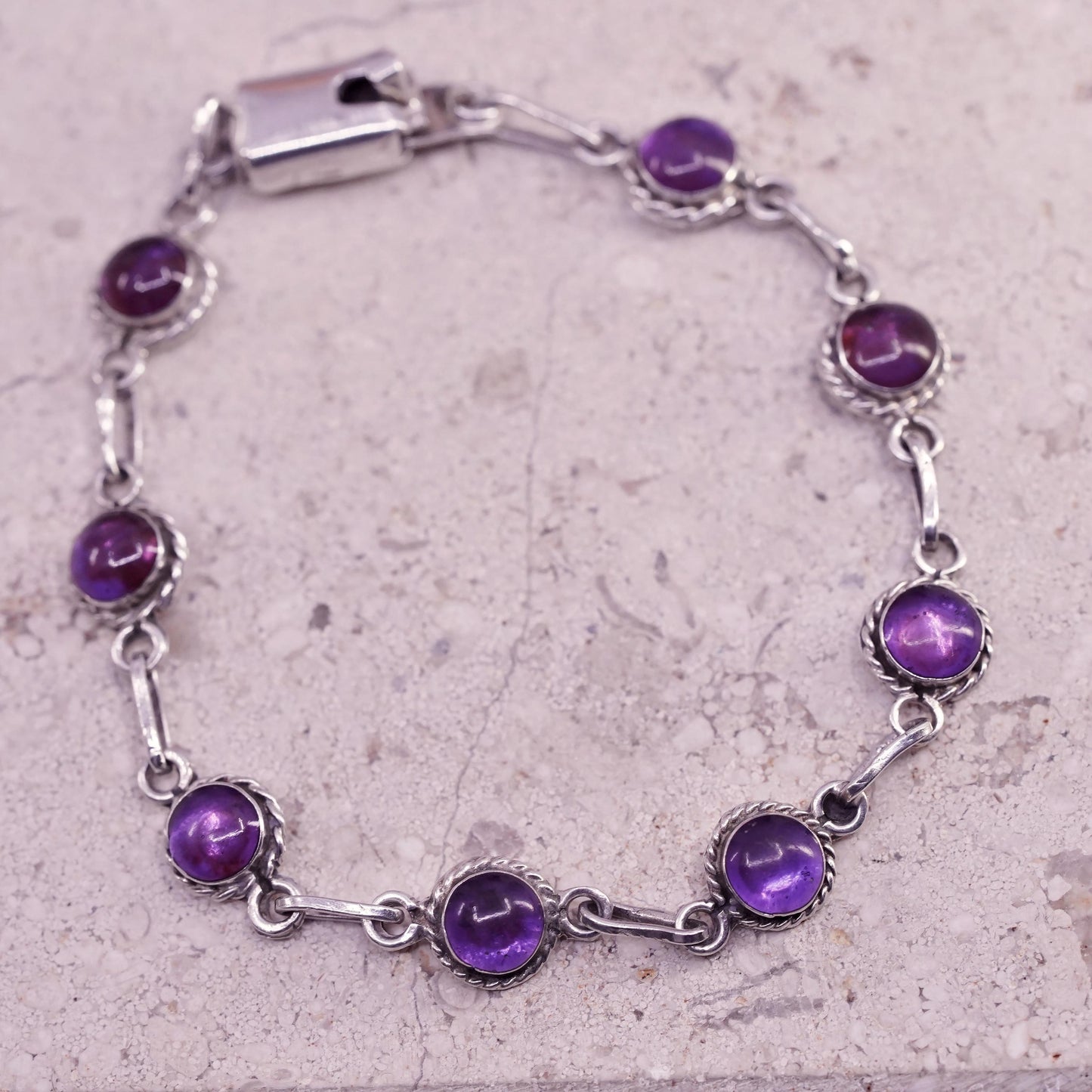 6.25", vintage Mexican sterling bracelet, 925 silver chain with amethyst beads