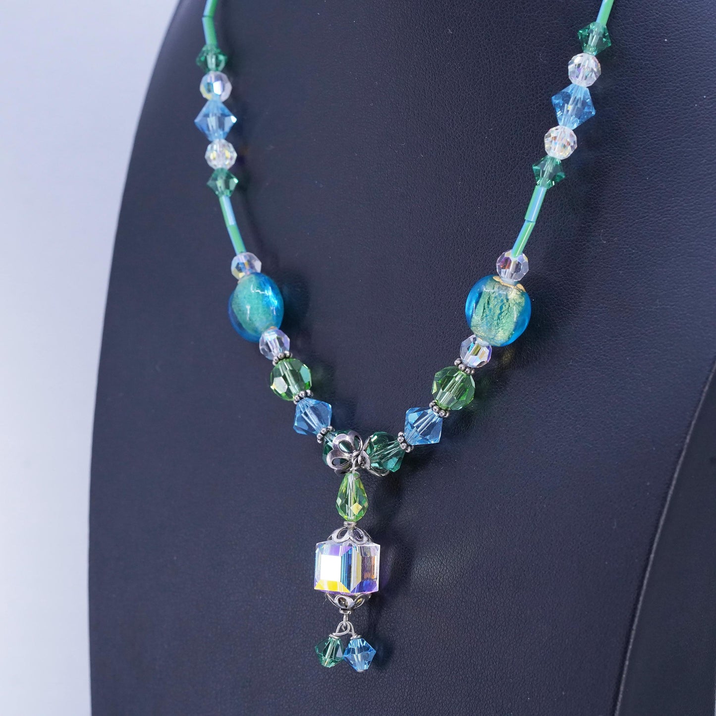 16+2", Vintage Sterling handmade necklace, 925 Silver Clasp W/ green AB Crystal