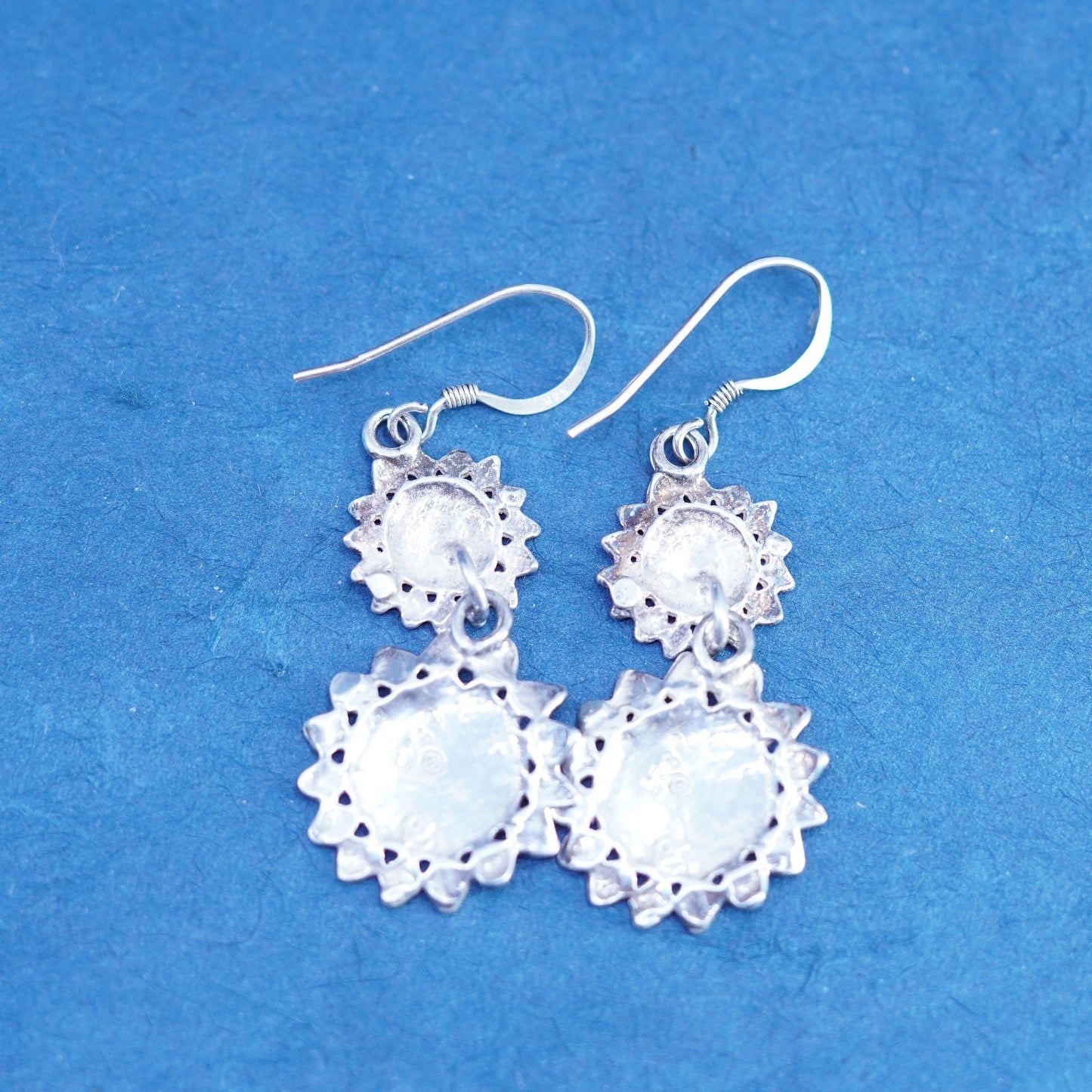 Vintage sterling silver handmade earrings, 925 sunflower flower dangles