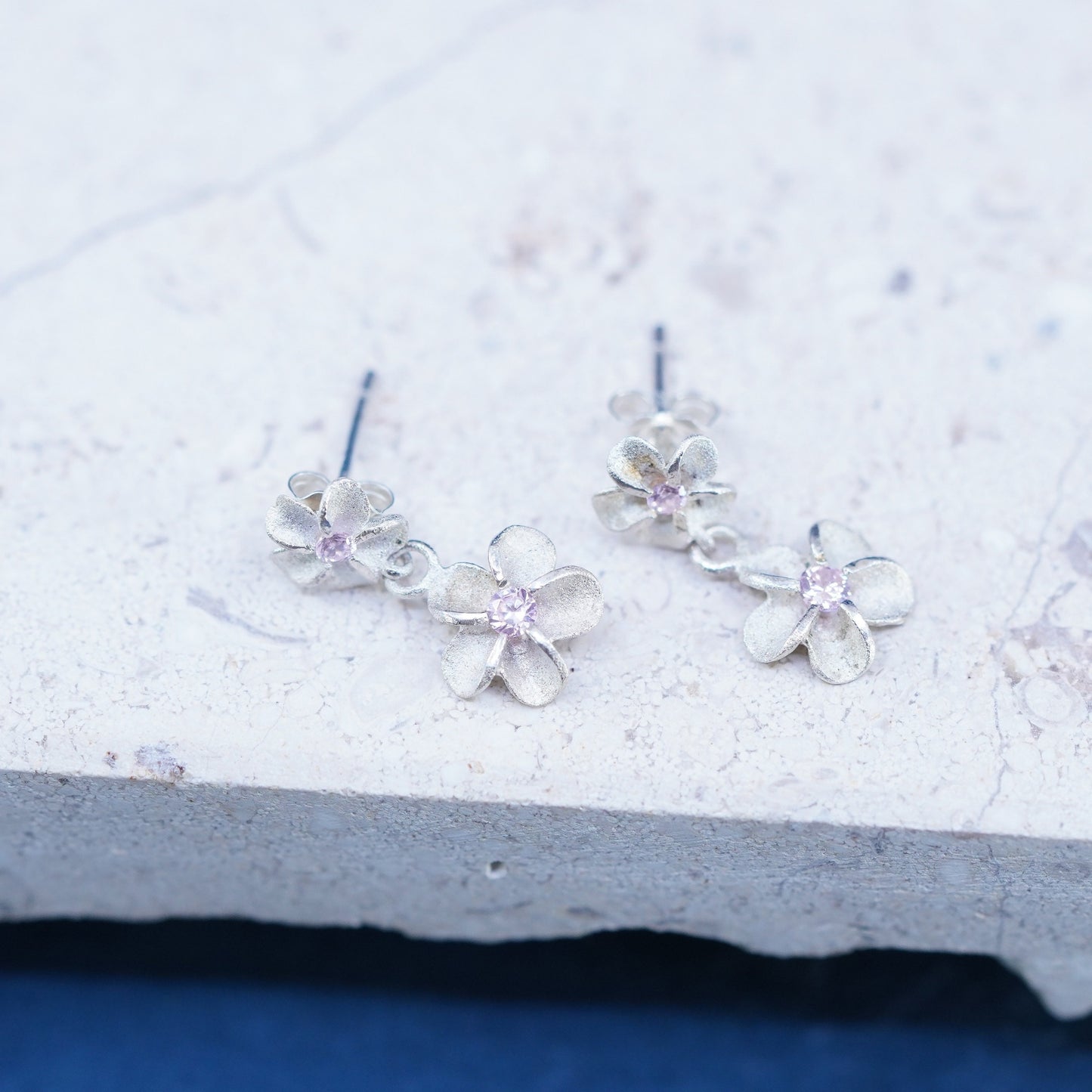 Sterling silver handmade earrings, 925 inches plumeria flower drops w/ pink cz