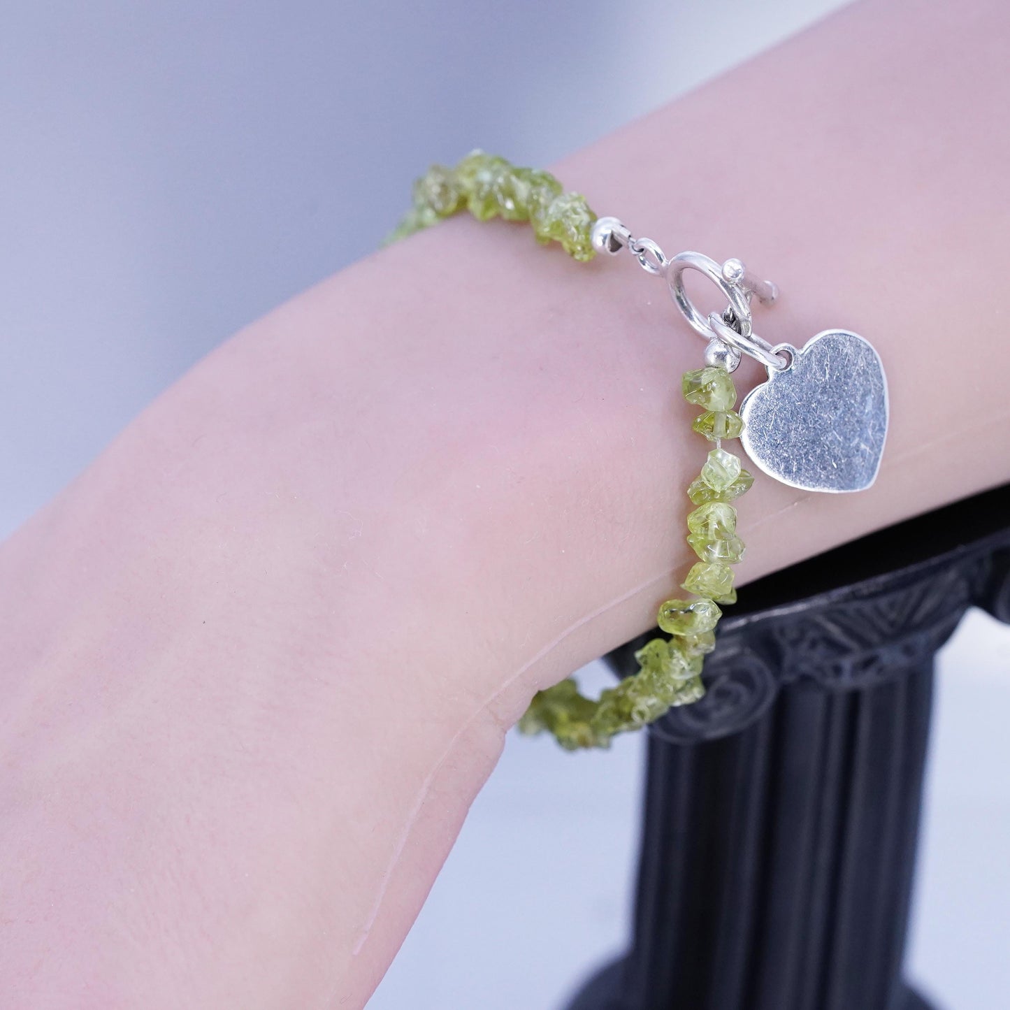 6.75", Sterling 925 Silver peridot Bead Bracelet heart charm toggle closure