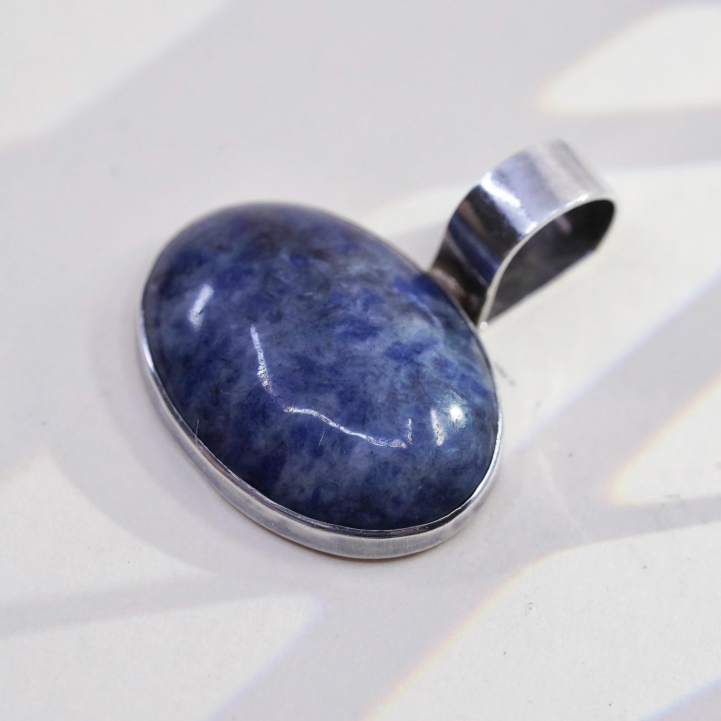 VTG Sterling Silver Blue Sodalite Oval Cabochon Pendant, Modernist 925 Jewelry