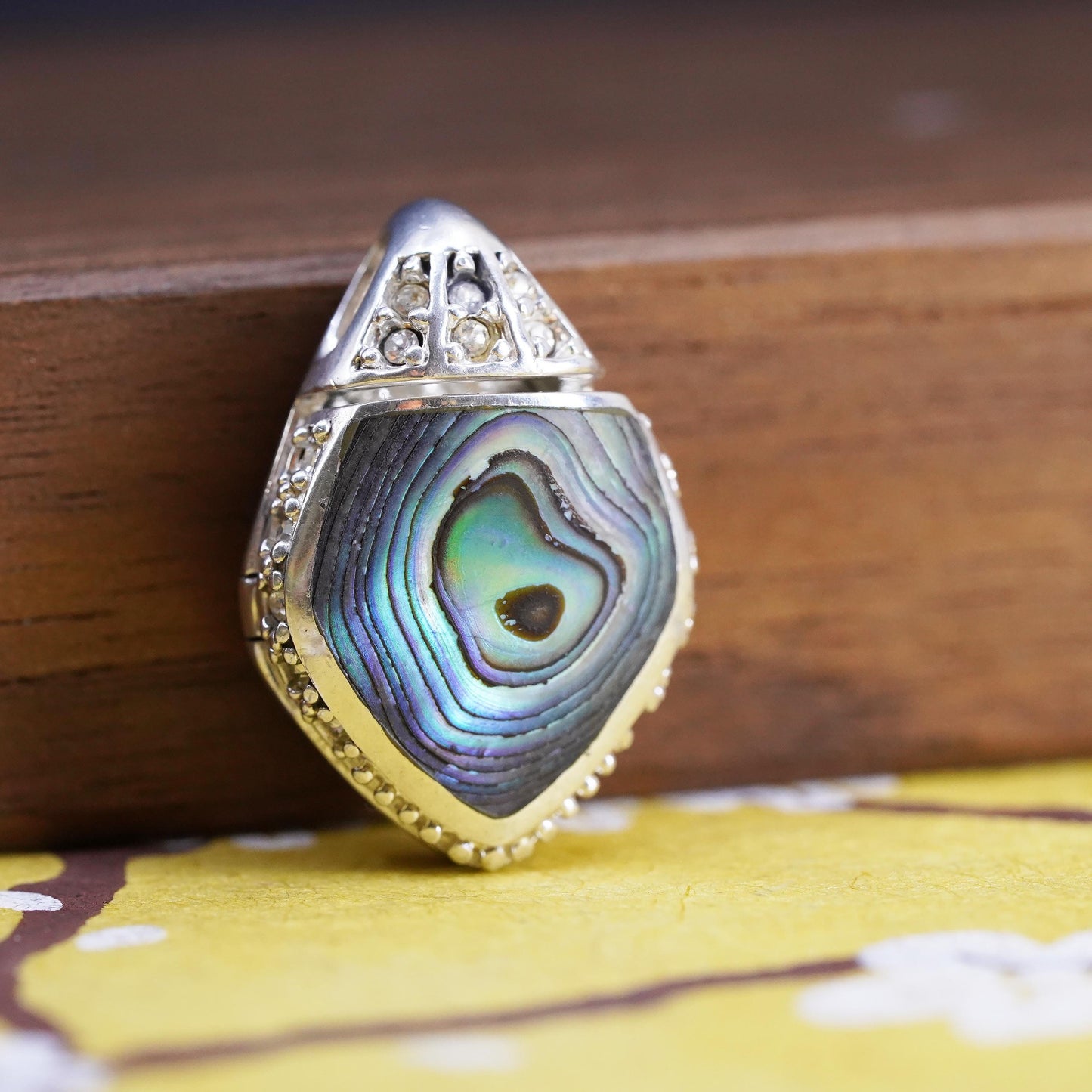 Vintage Sterling silver handmade abalone pendant, 925 photo locket with cz