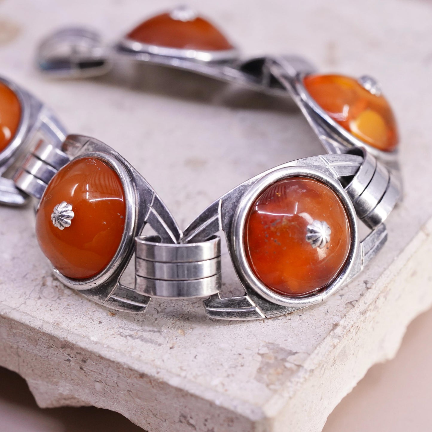 7.75", vintage German OKO sterling 835 silver handmade bracelet with carnelian