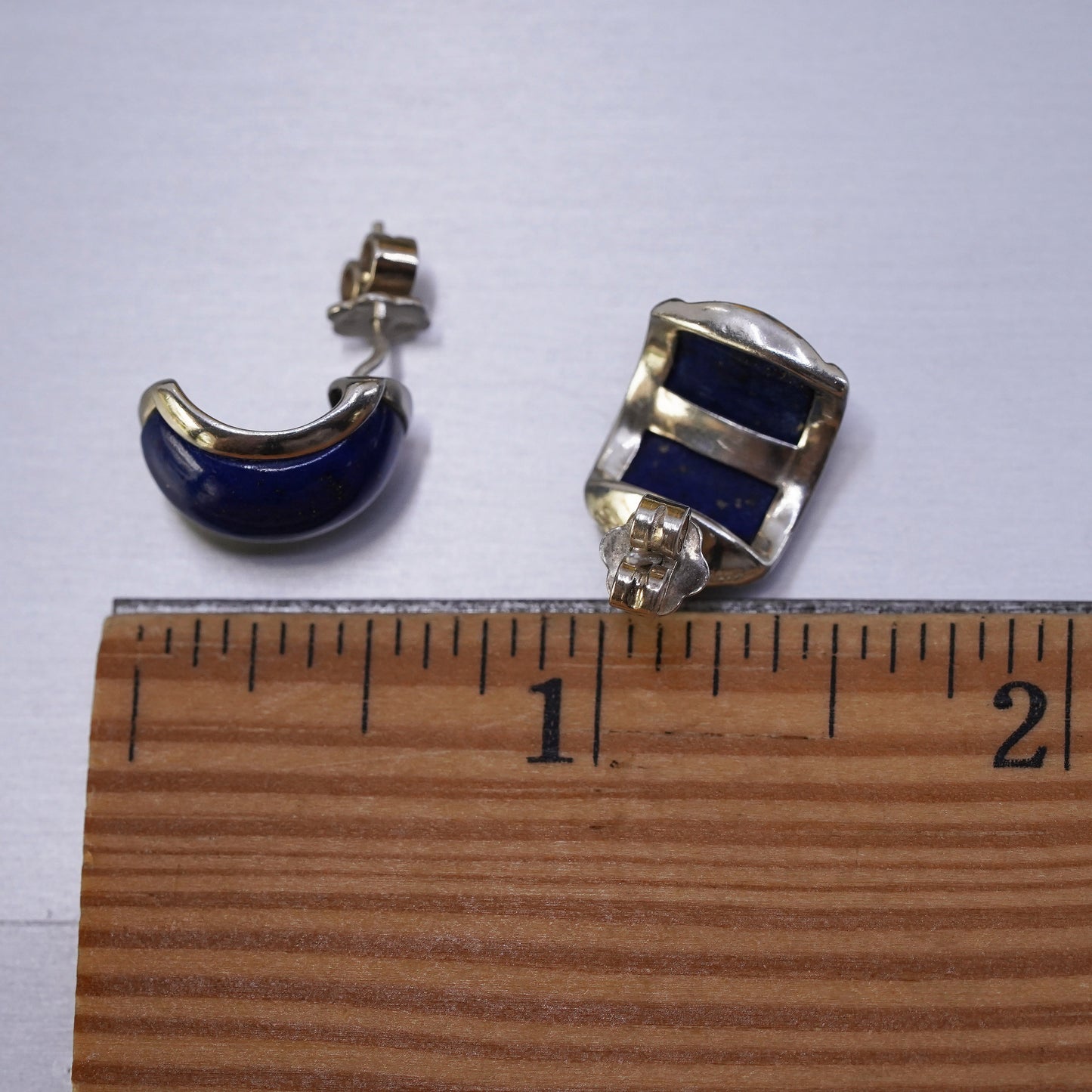 vintage Sterling silver handmade earrings, 925 huggie studs with lapis lazuli