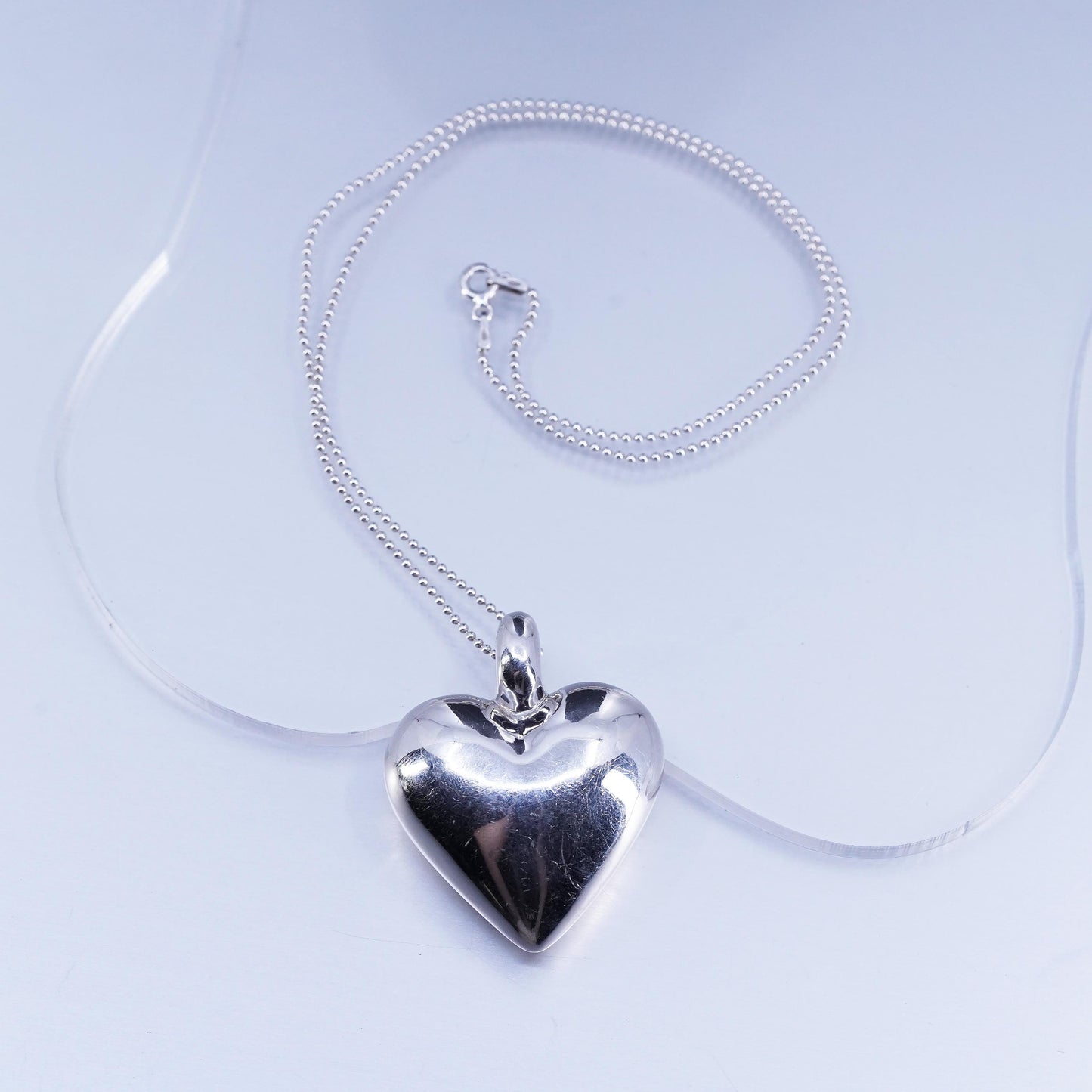 18”, vintage Sterling 925 silver handmade bead necklace w/ puffy heart pendant
