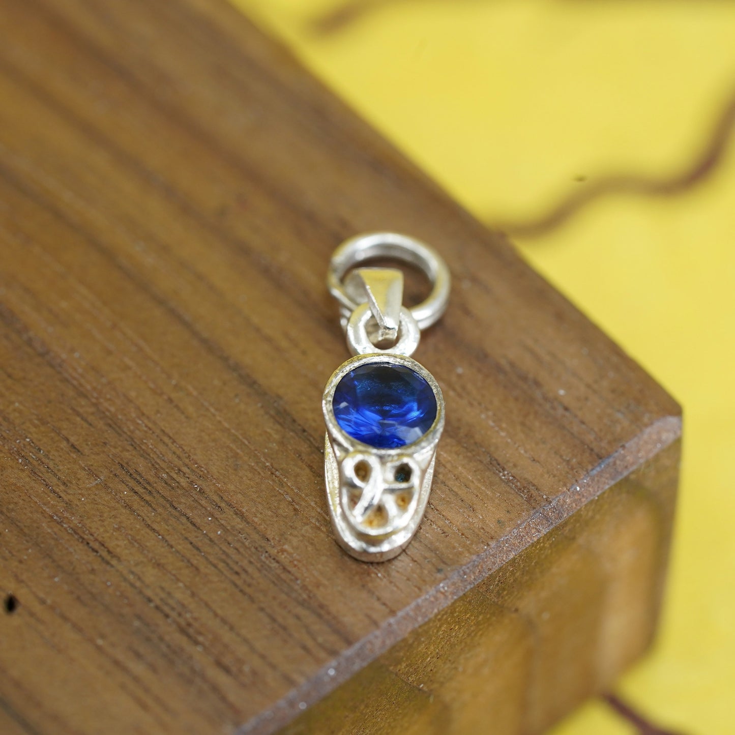Vintage Sterling silver handmade pendant, 925 baby shoes charm with blue cz