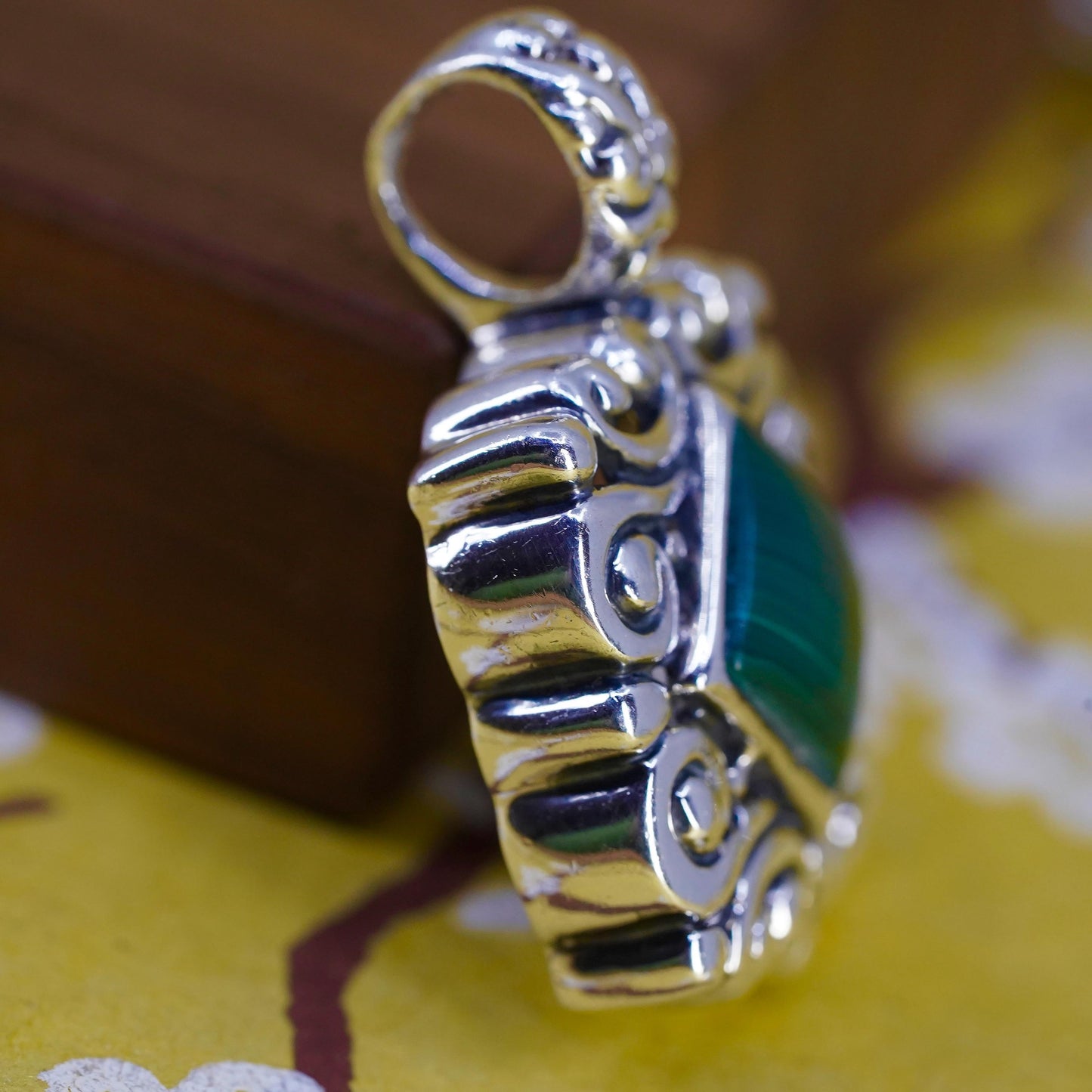 Vintage Sterling silver handmade pendant, 925 square filigree pendant malachite