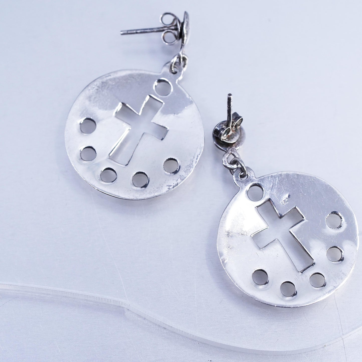 Vintage Sterling 925 silver handmade cross cut out disc earrings