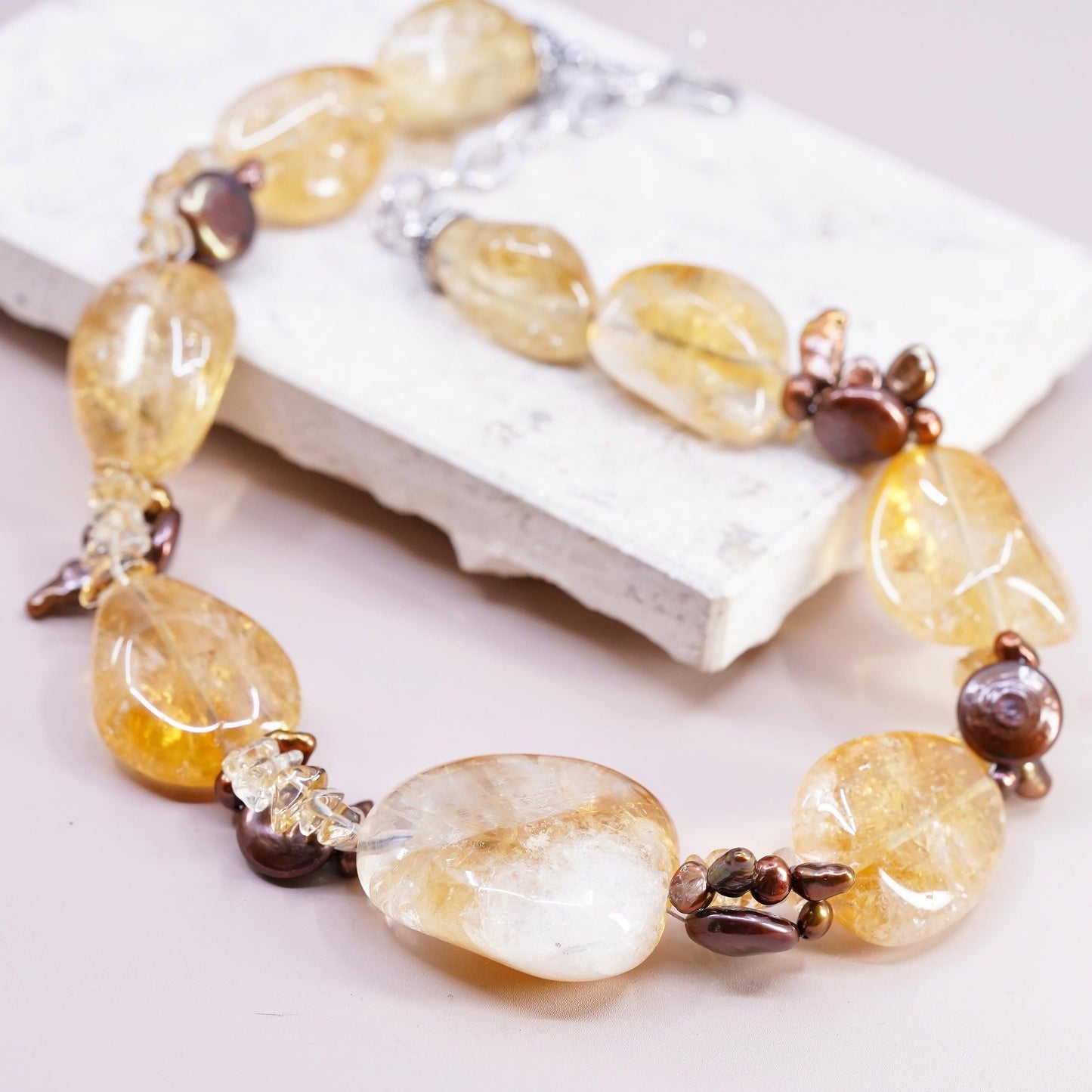 16+2", VTG Deb Guyot Sterling 925 silver chunky citrine coin pearls Necklace