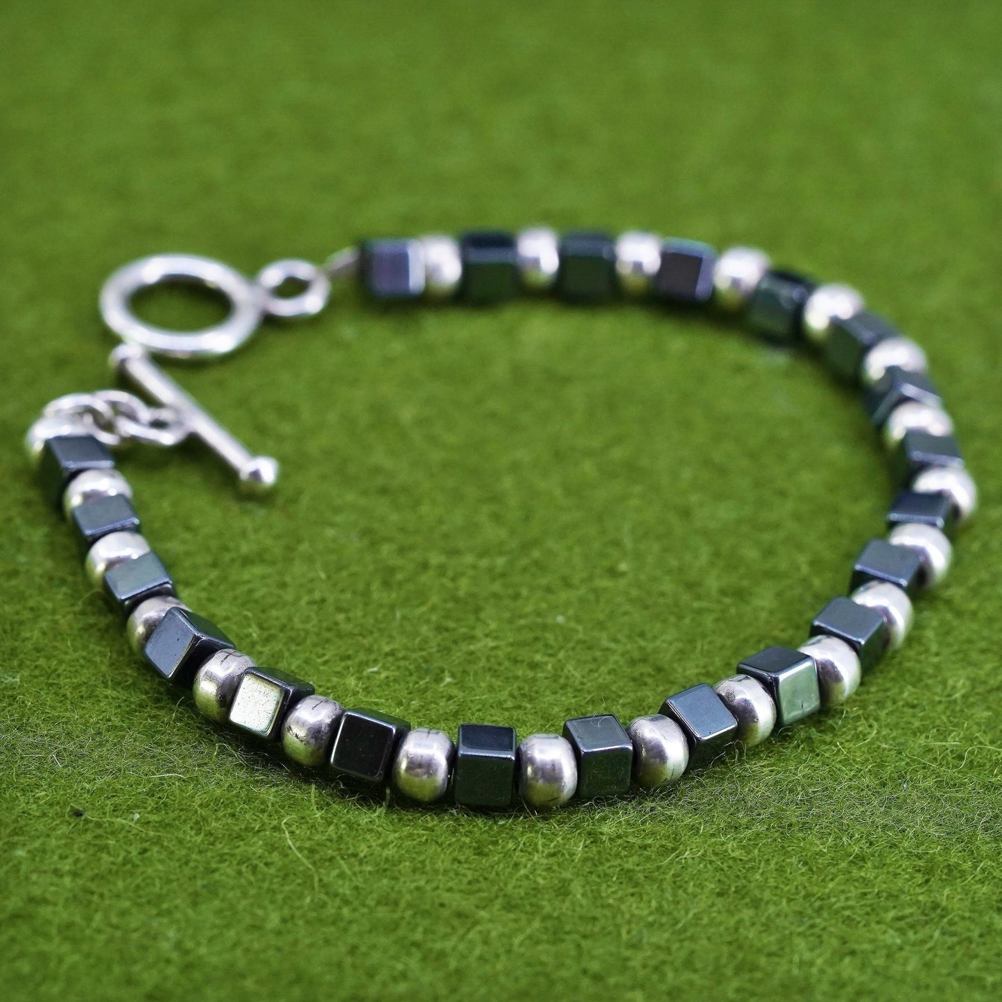 7”, Vintage handmade bracelet, hematite cubes with 925 silver beads chain