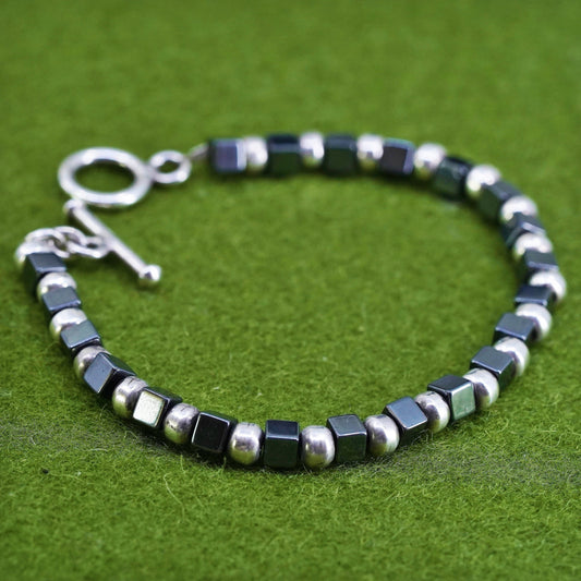 7”, Vintage handmade bracelet, hematite cubes with 925 silver beads chain
