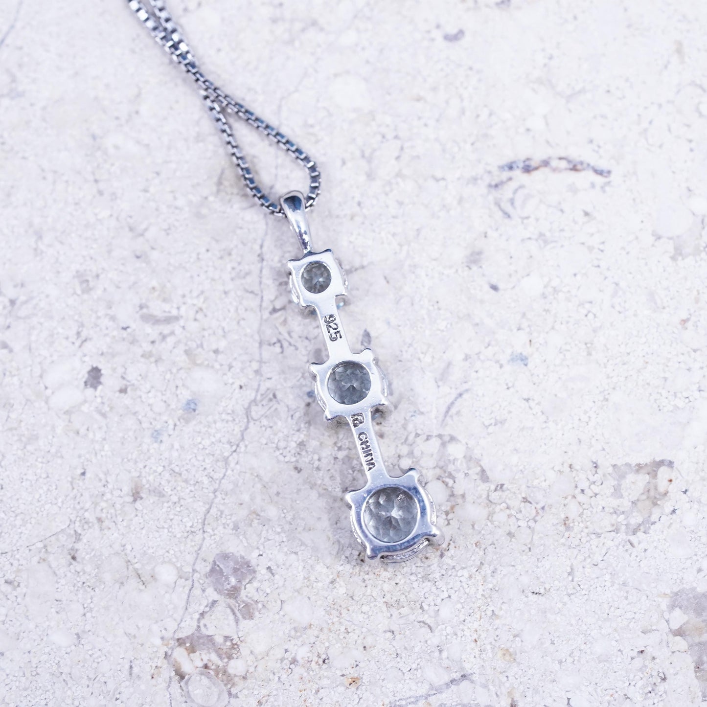 18”, vintage Sterling silver handmade necklace, 925 box chain blue cz pendant