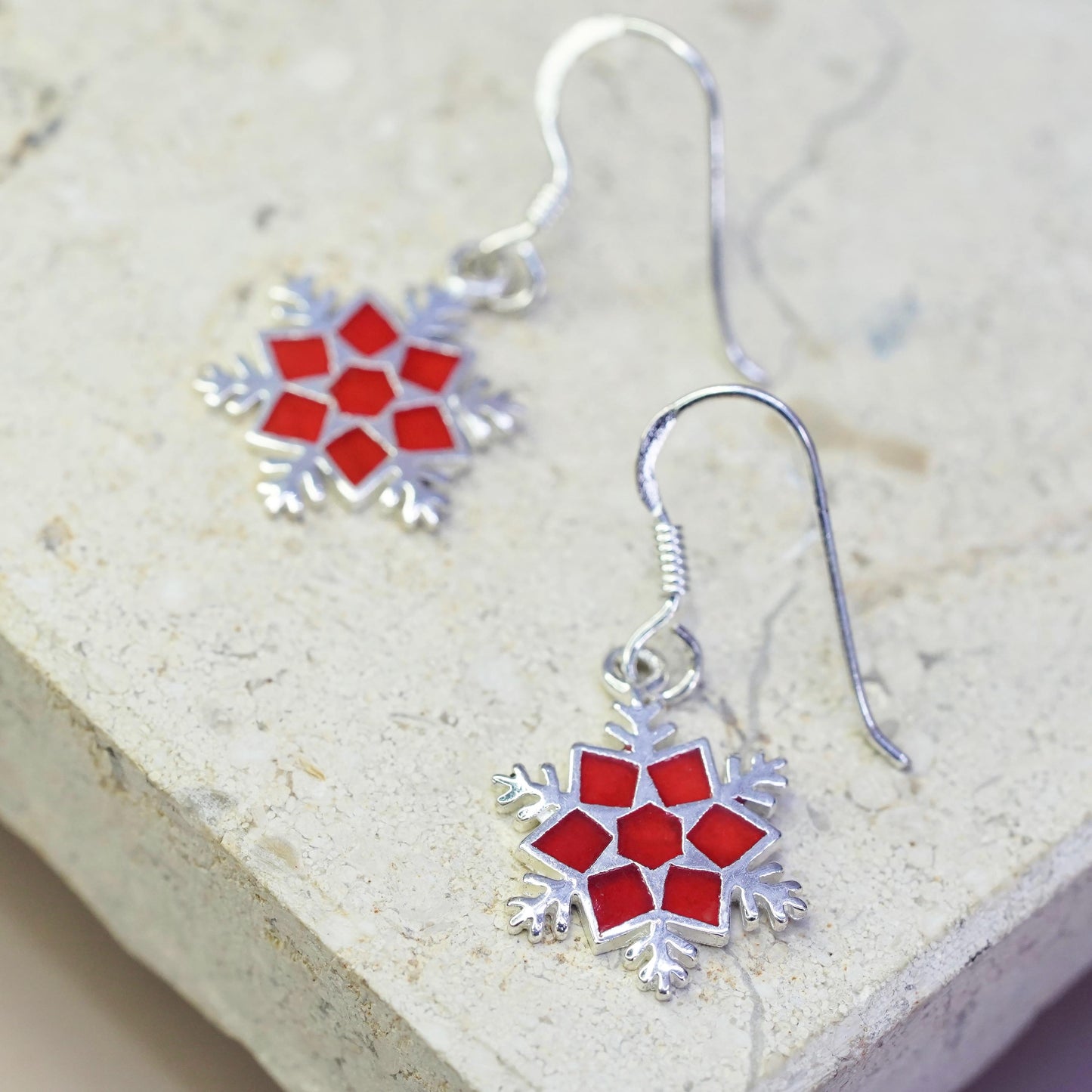 Vintage sterling silver handmade earrings, 925 hooks red enamel snowflake drops