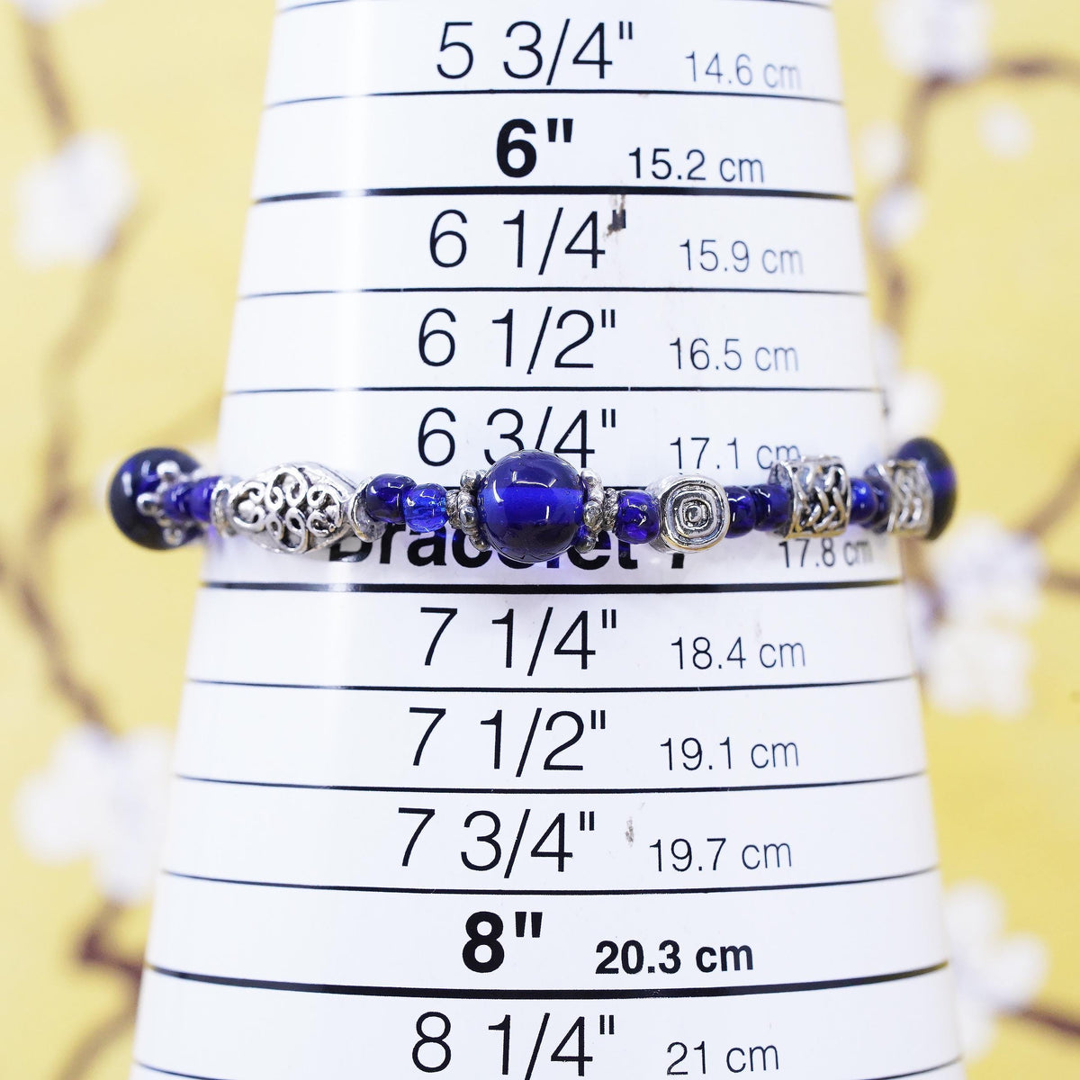 7", vintage Sterling 925 silver handmade bracelet, blue glass beads bracelet
